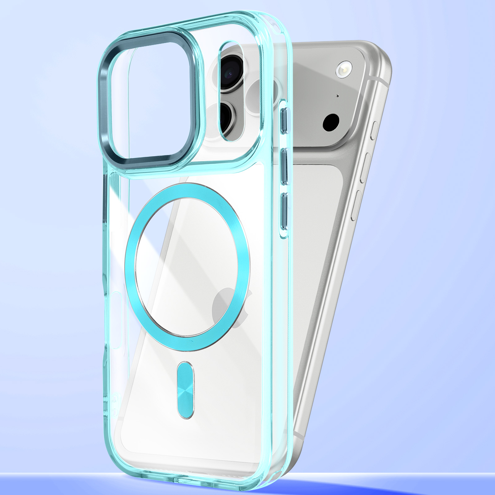 Une coque de téléphone transparente avec bordure turquoise sur un téléphone argenté.