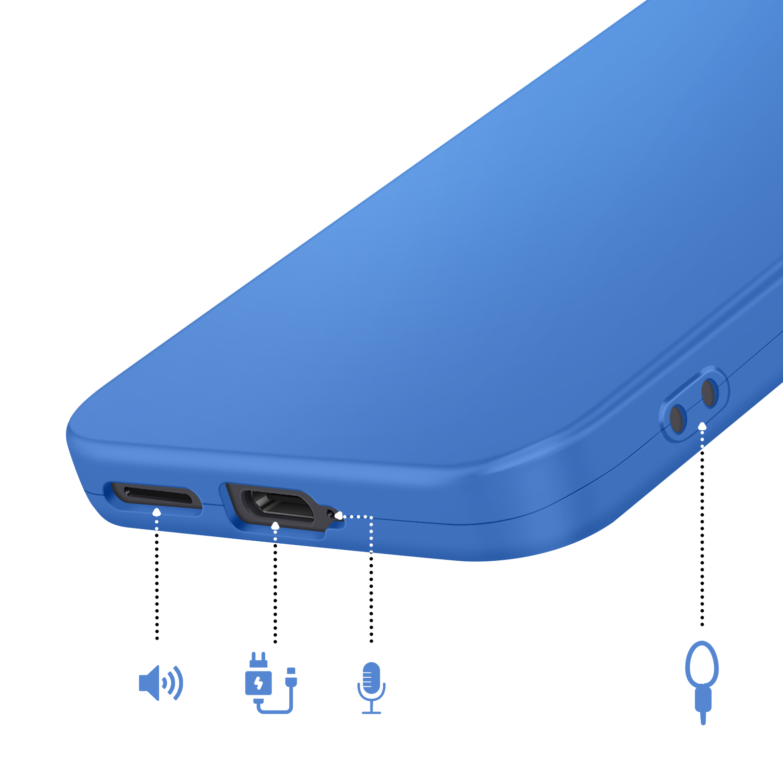 Téléphone bleu avec ports : haut-parleur, charge, microphone et prise casque.