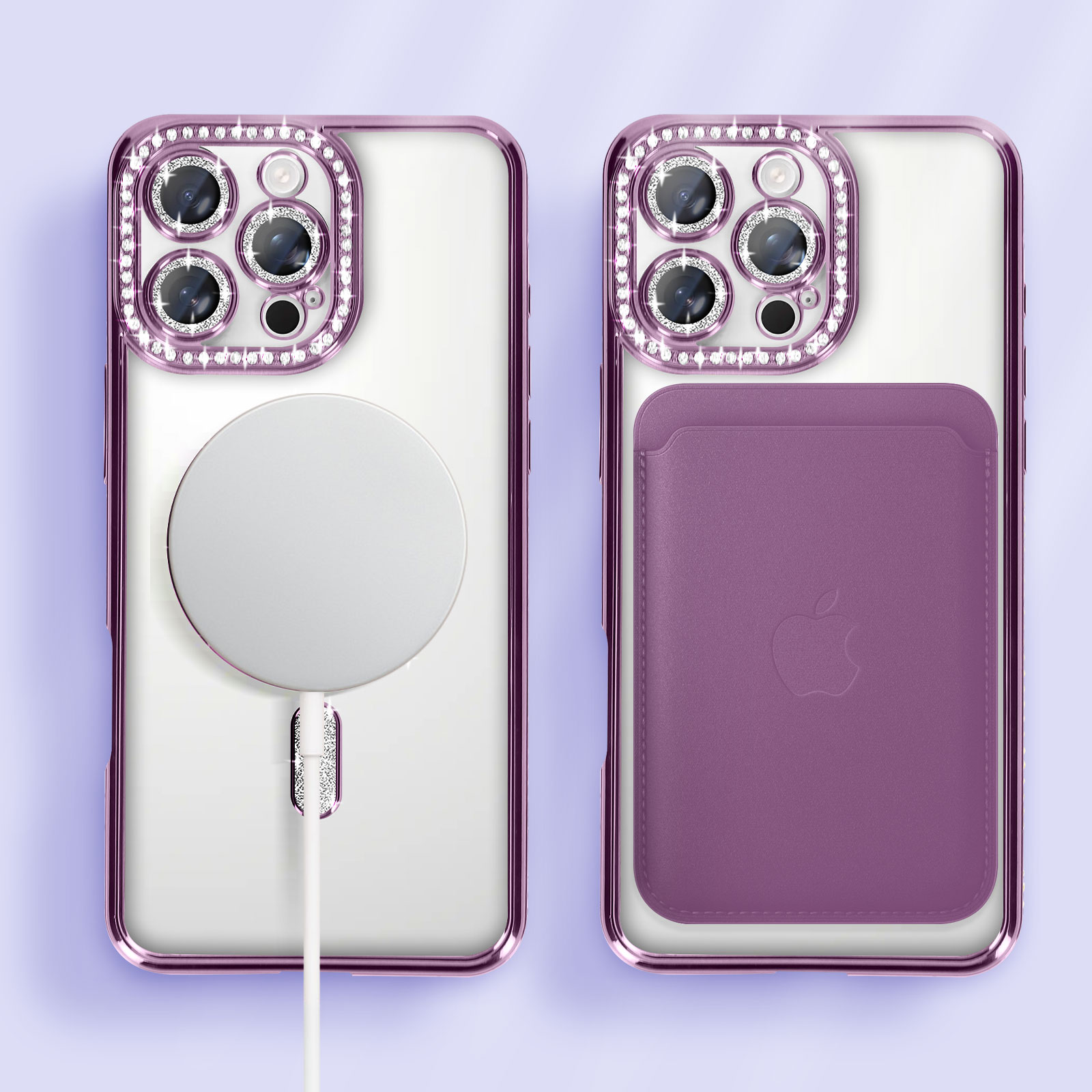 Due custodie viola per telefono con fotocamere e glitter.