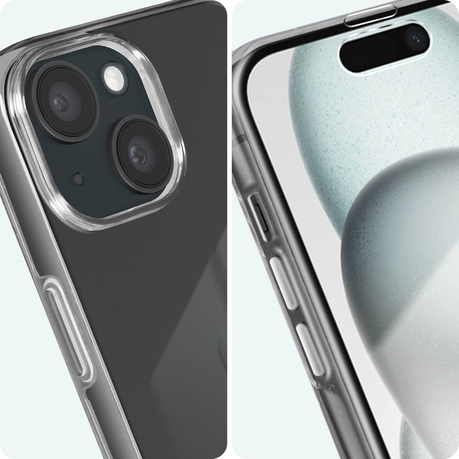Primo piano di una cover trasparente per telefono che mostra la fotocamera posteriore e il display anteriore.