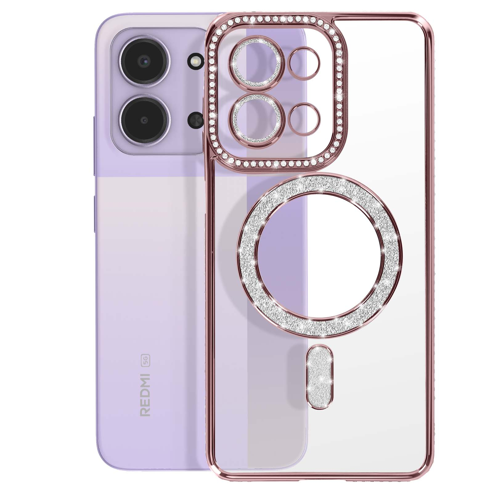 Een paarse telefoon met een doorzichtige hoes versierd met roségoud en strass.