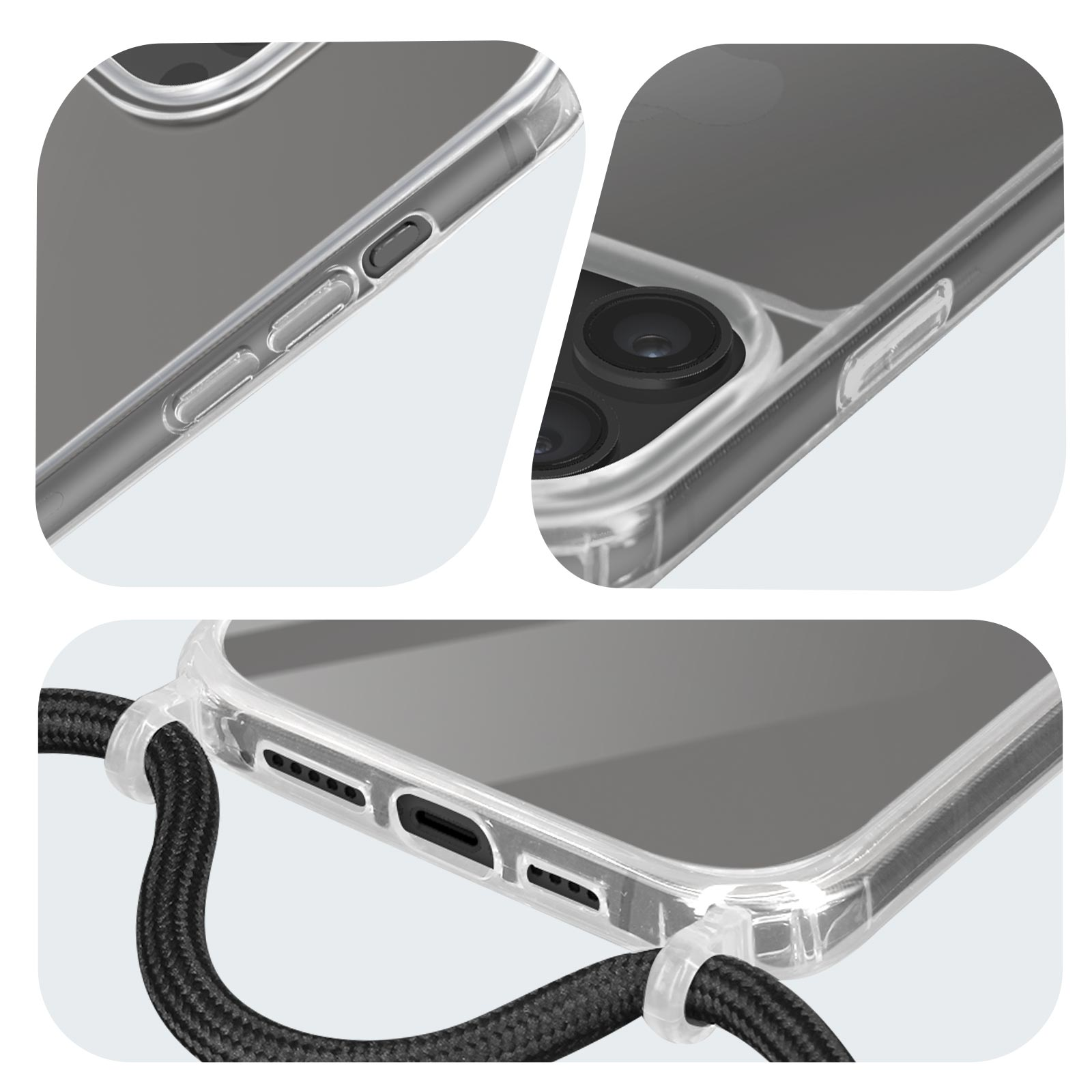 Coque de téléphone transparente avec attache tour de cou et découpe caméra.