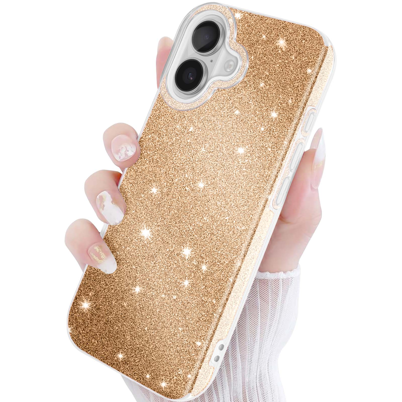 Hand houdt goud glitter telefoonhoesje met camera-uitsparing, witte kant.