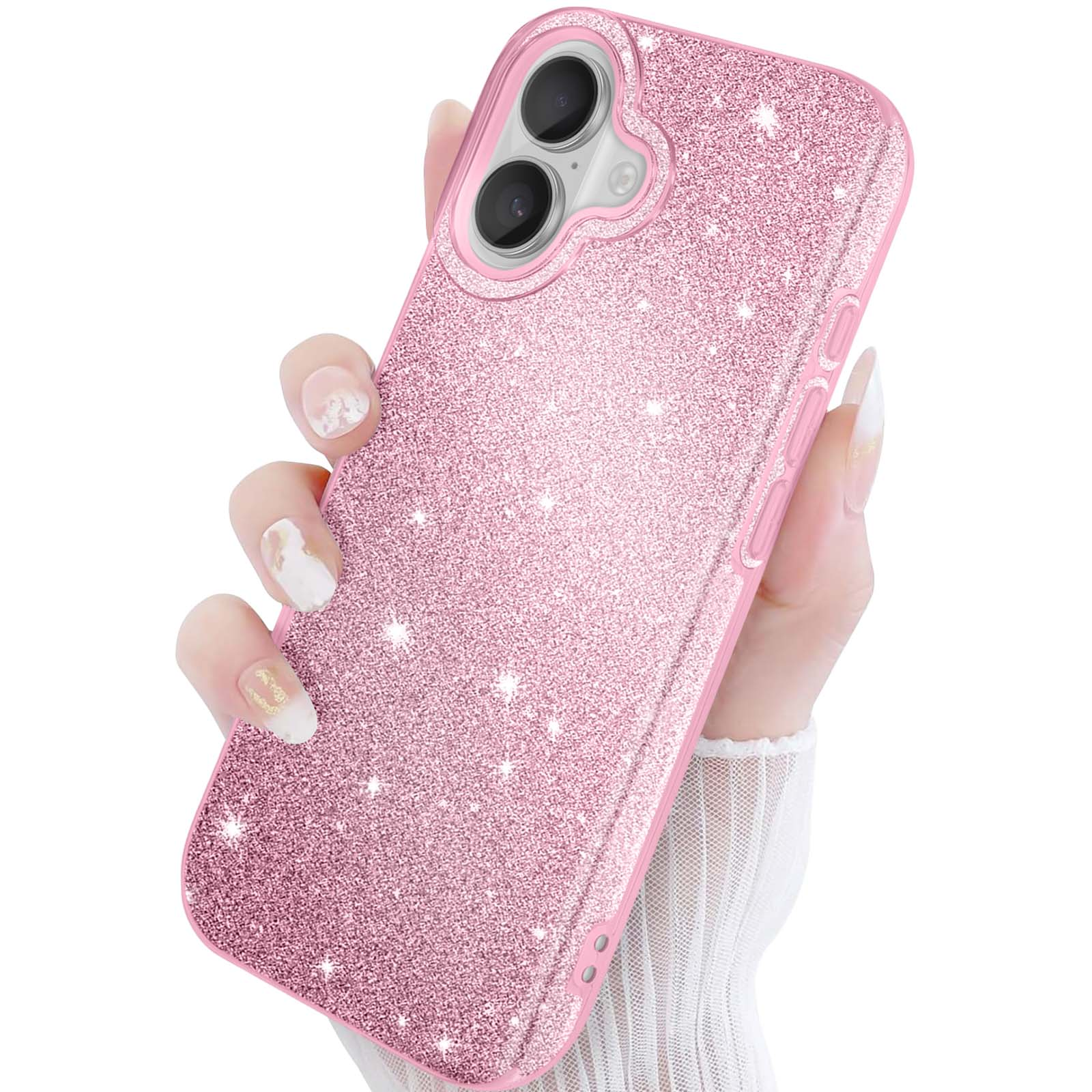 Een hand houdt een glinsterende roze telefoonhoes vast met twee cameralenzen.