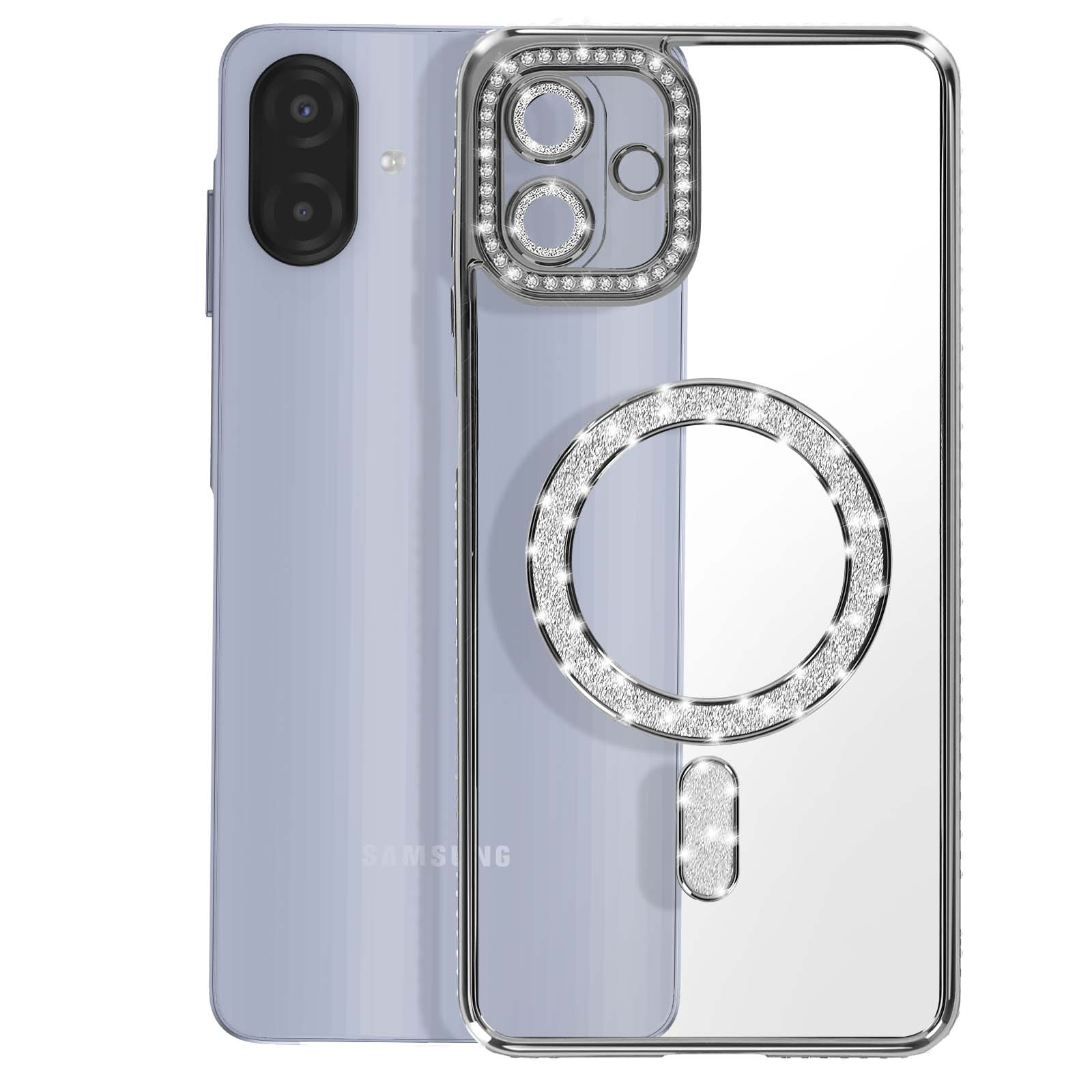 Un telefono Samsung viola chiaro con custodia trasparente tempestata di strass.