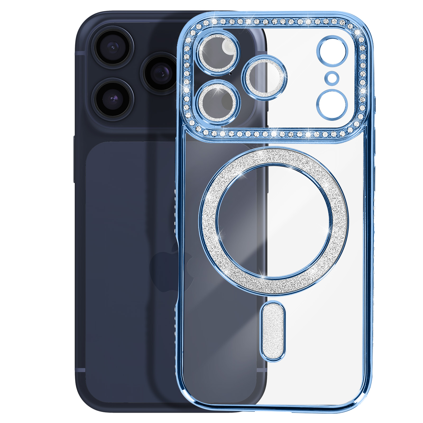 Coque bleue pour iPhone avec accents pailletés caméra et anneau.