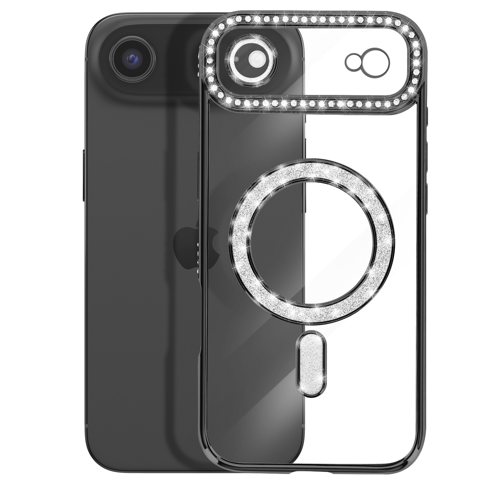 Doorzichtige telefoonhoes met glitterring en camera-uitsparing.
