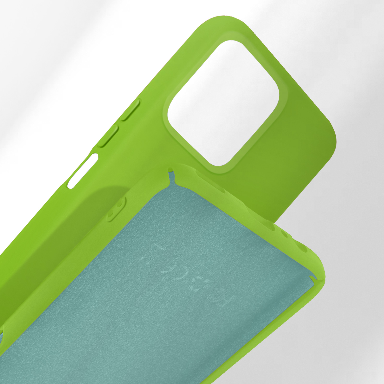 Custodia verde per telefono con fodera azzurra e ritagli per fotocamera e pulsanti.