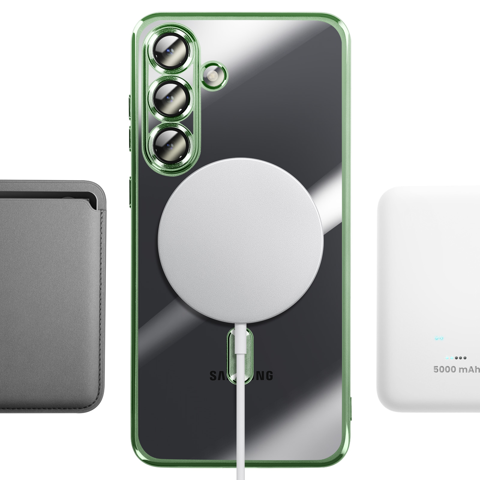 Een smartphone met drie camera's, oplaadschijf en hoesje, plus een powerbank.