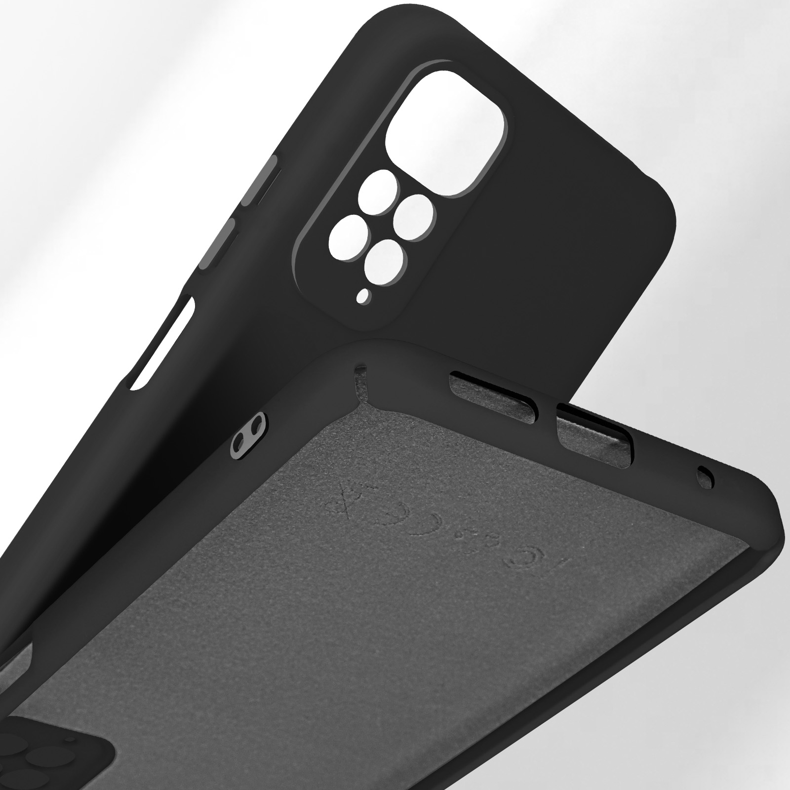 Zwarte telefoonhoes met uitsparingen voor camera en knoppen, getextureerde binnenkant.