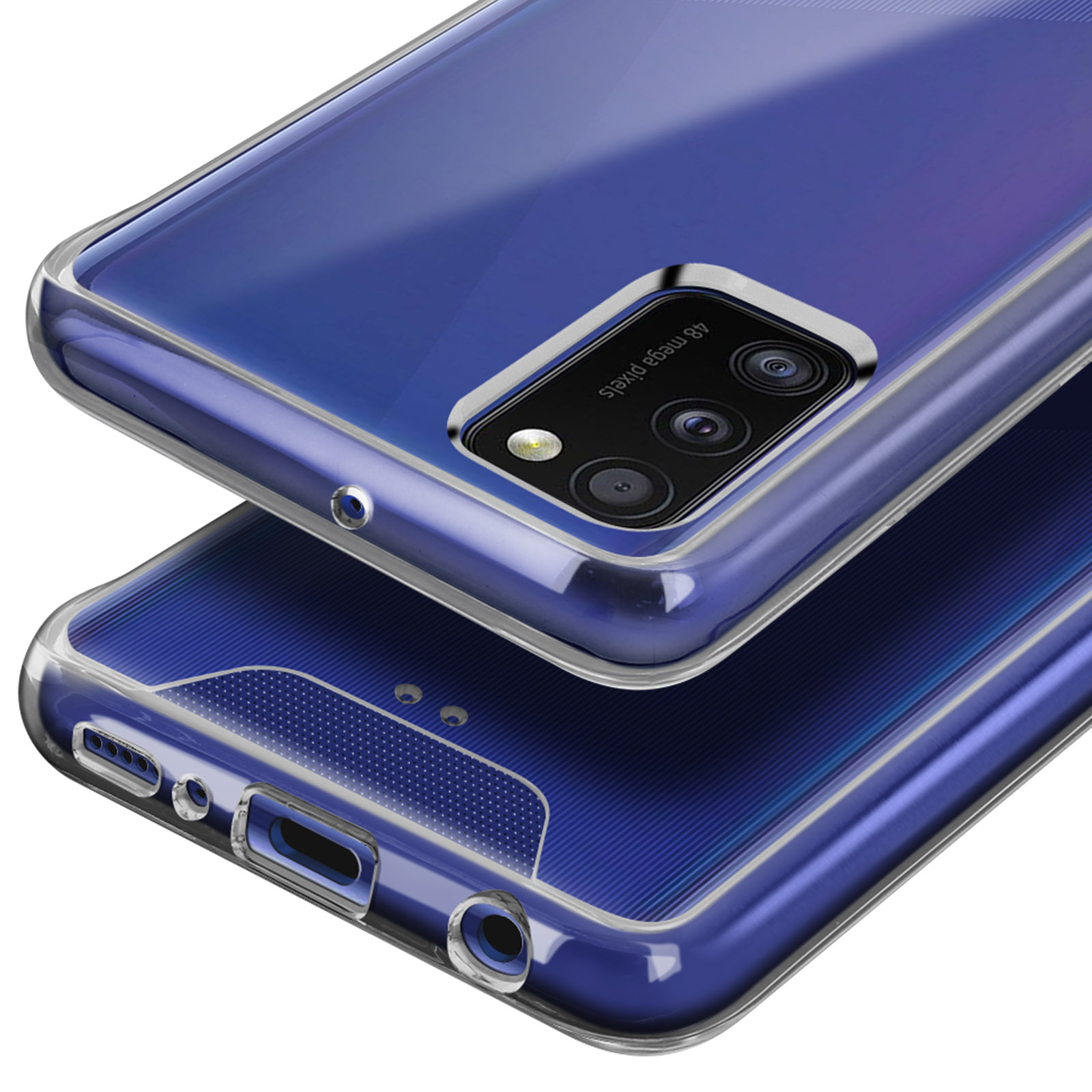 Une coque de téléphone transparente avec des accents bleus et un module caméra 48MP.