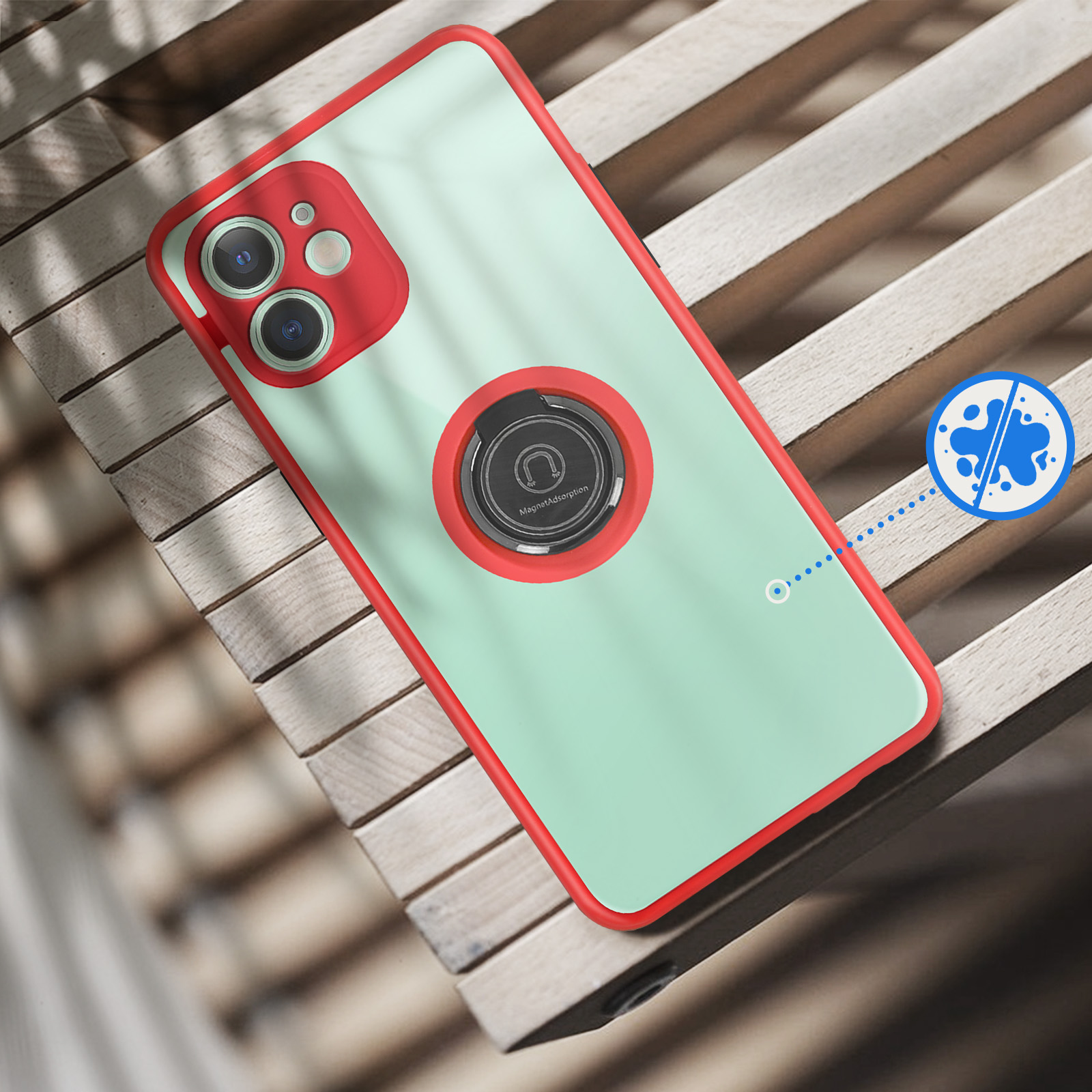 Coque de téléphone vert clair avec bordure rouge, appareil photo et support.