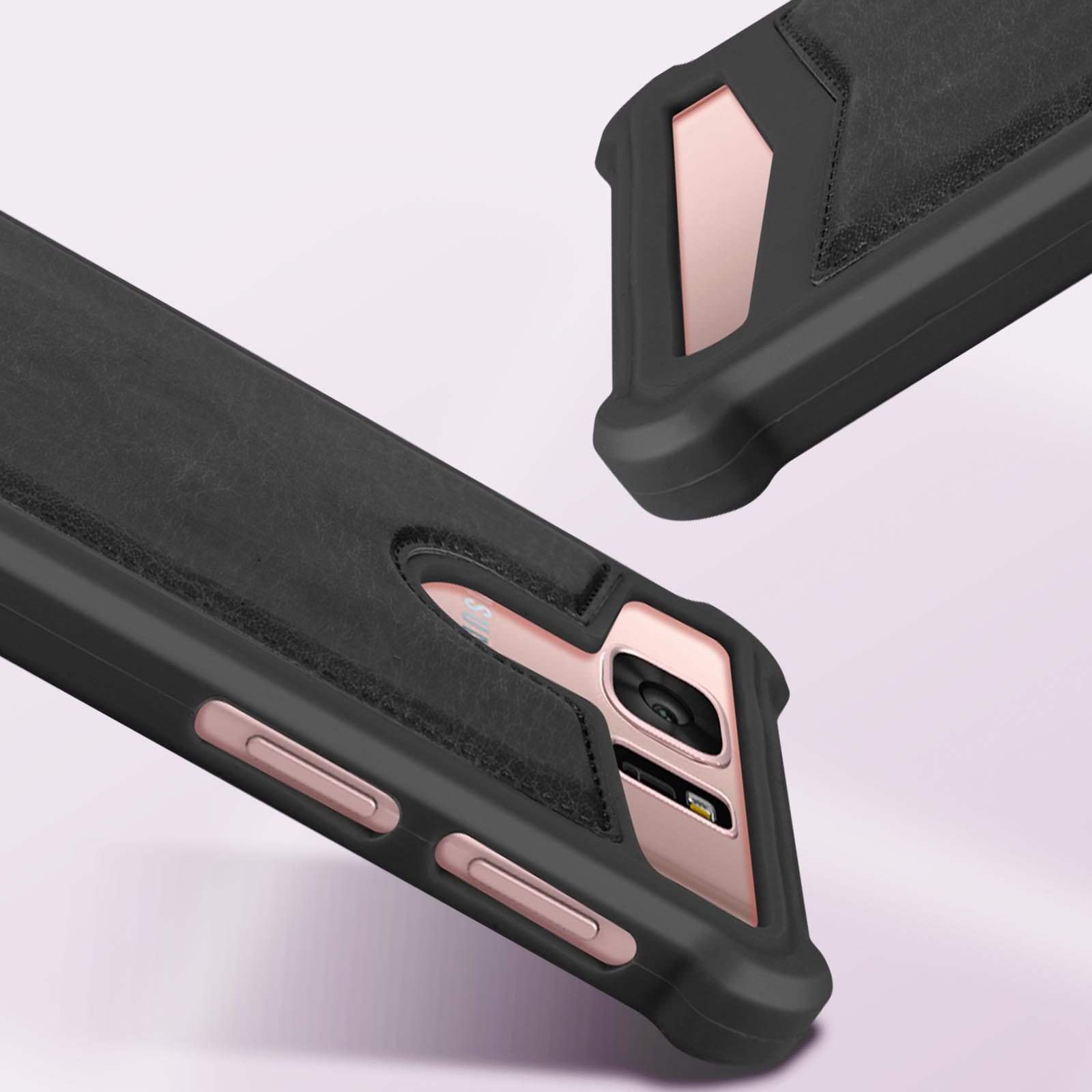 Custodia nera per telefono con accenti oro rosa e apertura fotocamera.