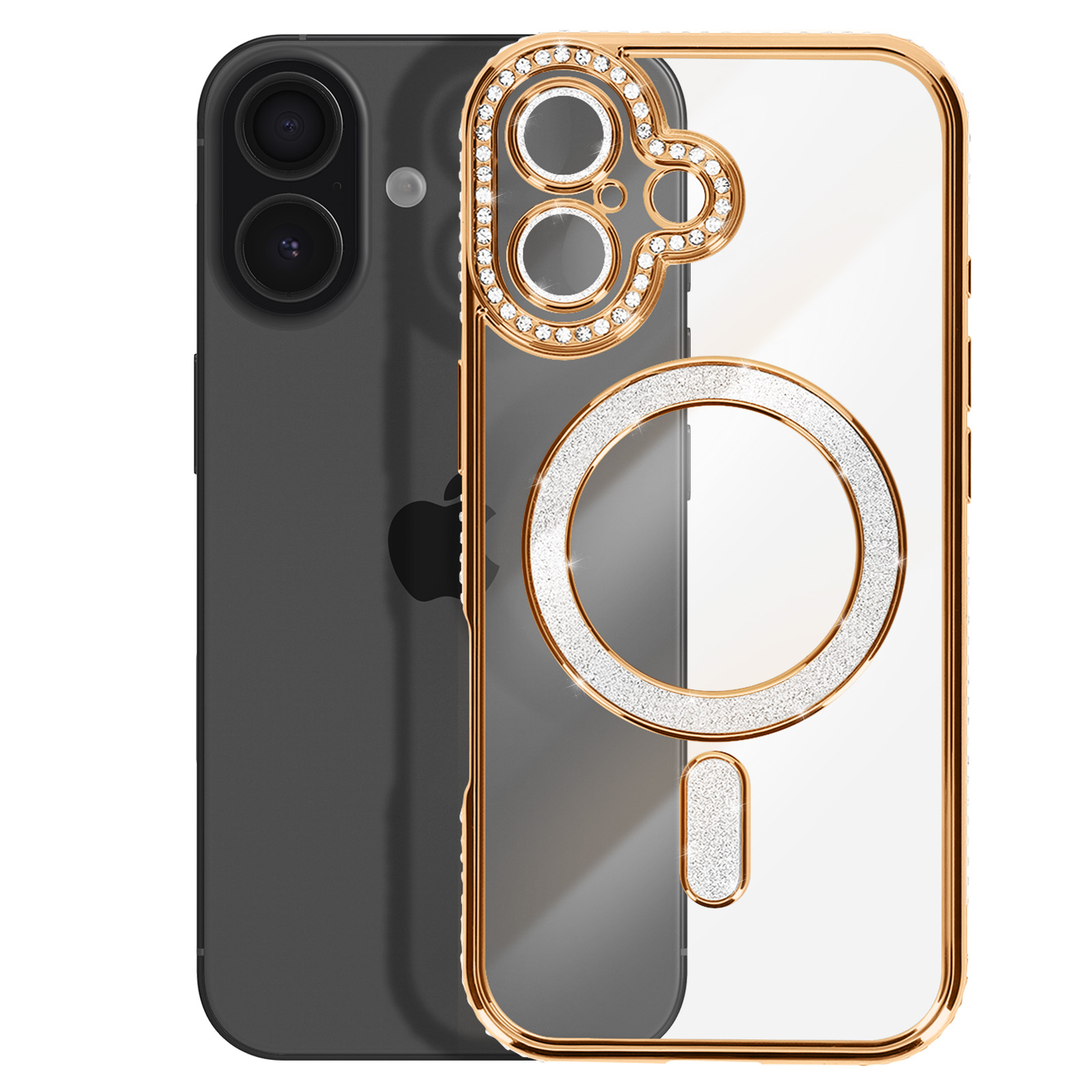 Un iPhone sombre avec un étui transparent, bordure dorée et ornements en cristal.