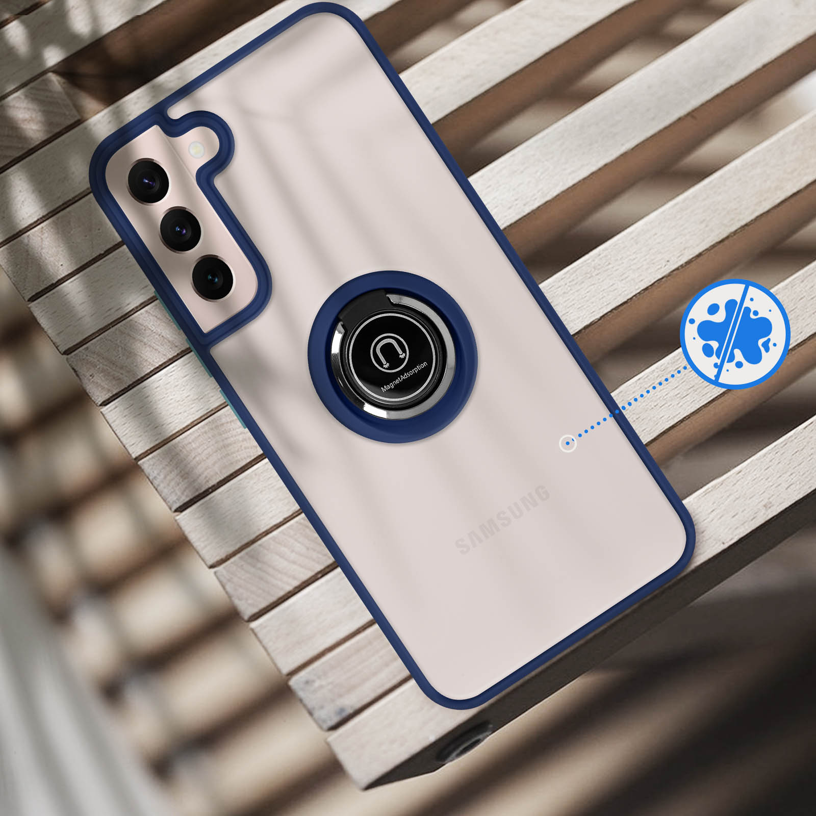 Coque beige pour Samsung avec contour bleu, support anneau, trois caméras.