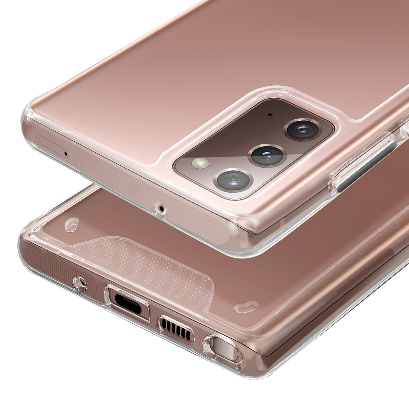Twee transparante telefoonhoesjes op elkaar, één toont de camera's, de ander de oplaadpoort.