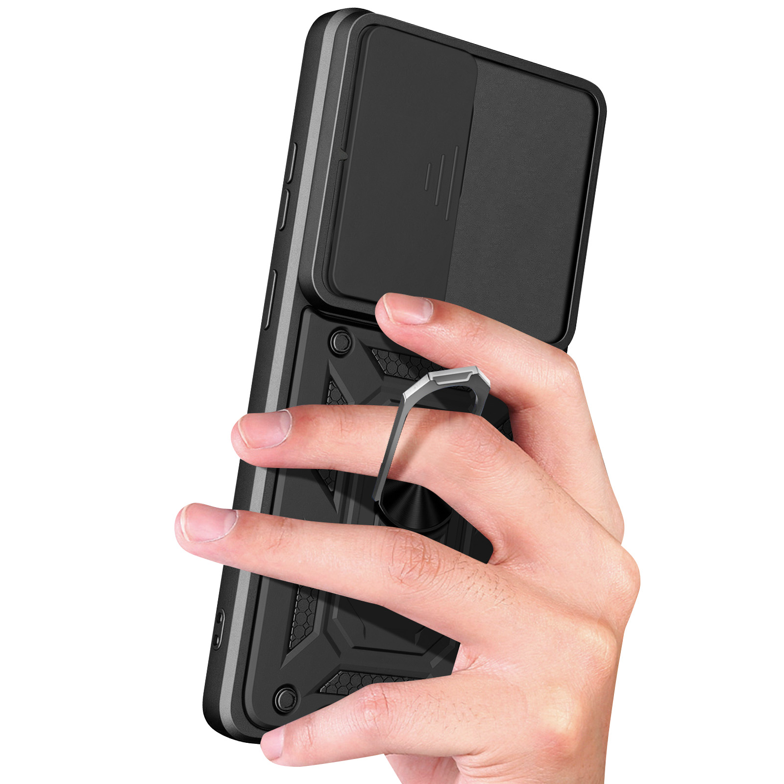 Schwarze Handyhülle mit Ringhalter, die von einer Hand gehalten wird.