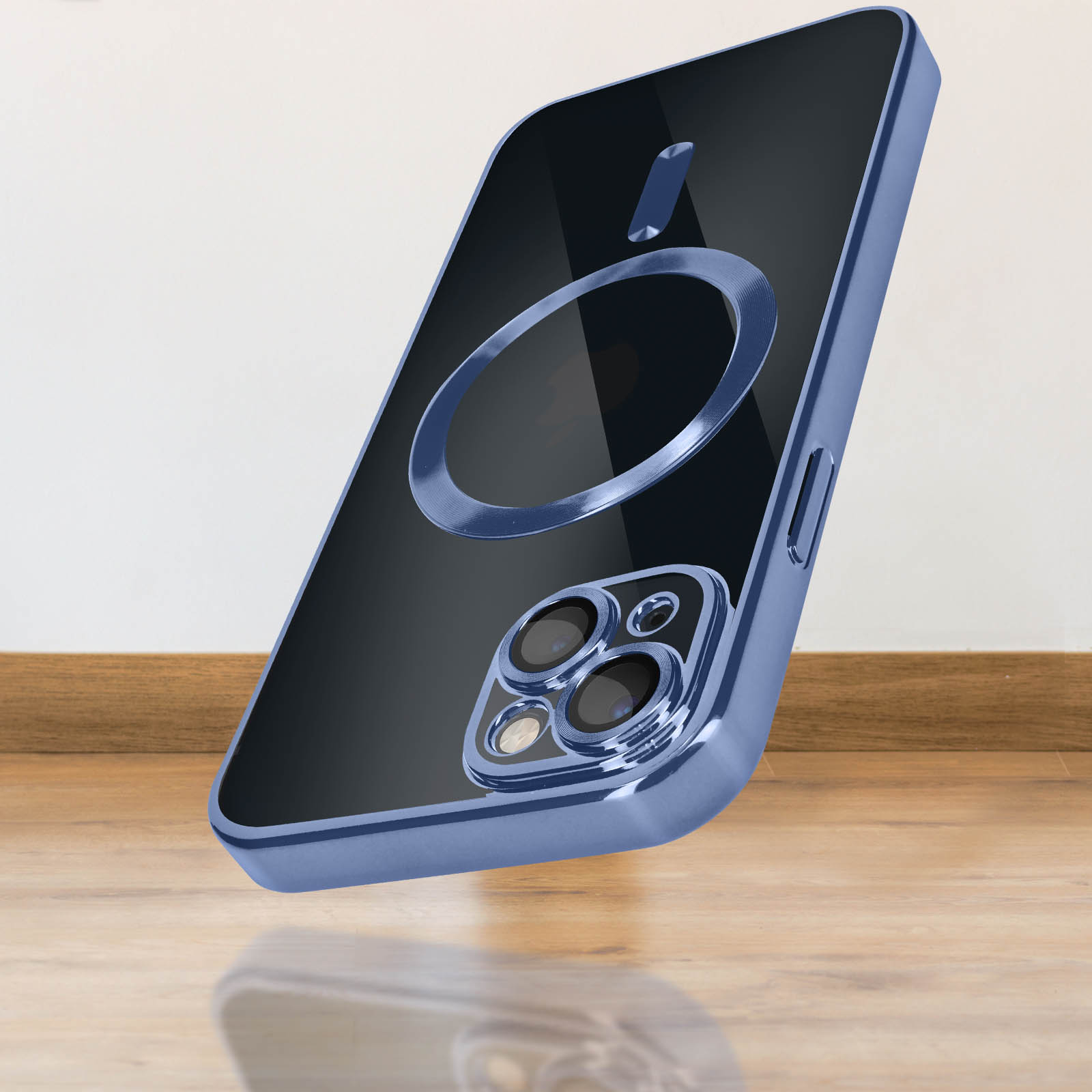 Une coque de téléphone bleue avec anneau MagSafe et objectifs photo sur un plancher.