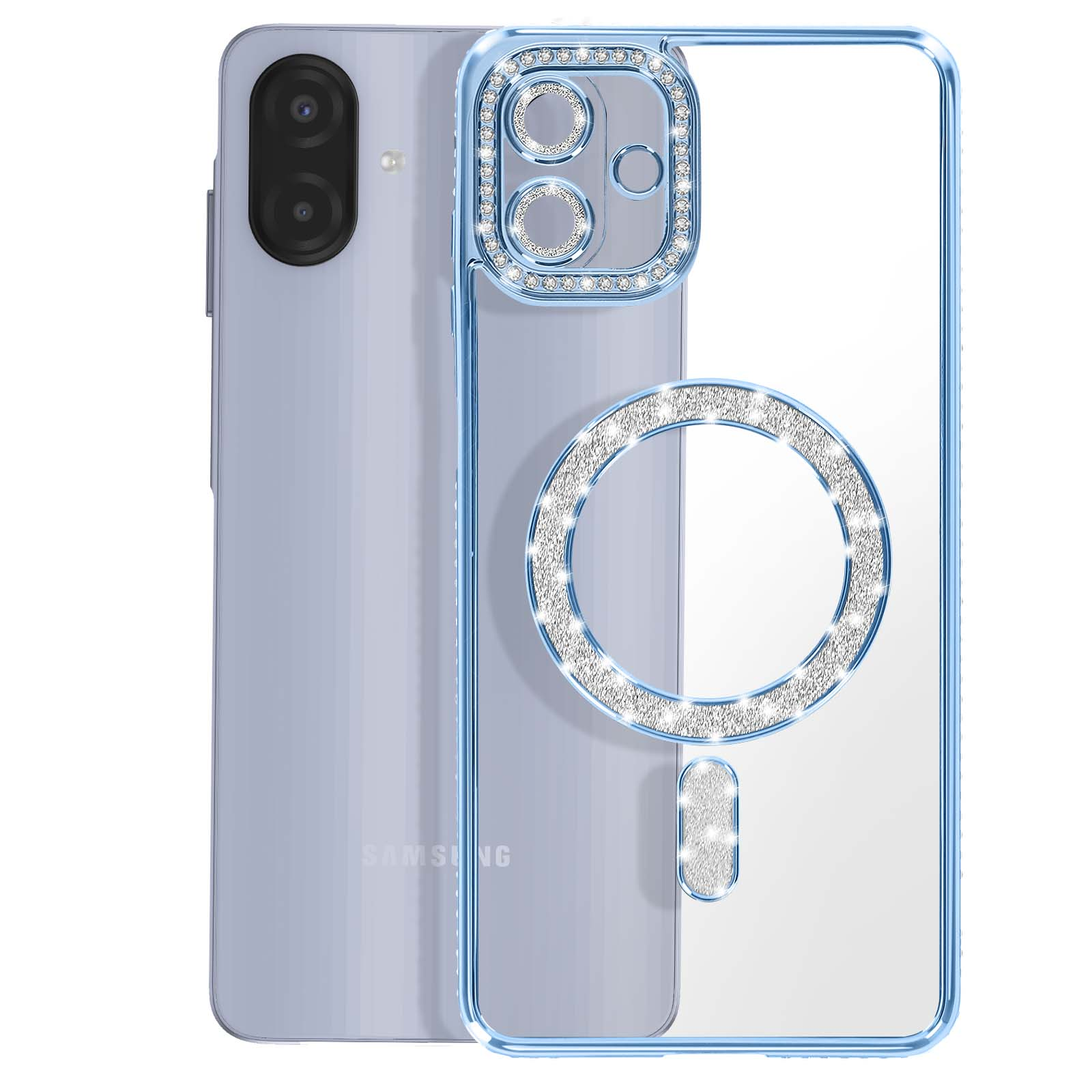 Un telefono blu con custodia trasparente e scintillante.