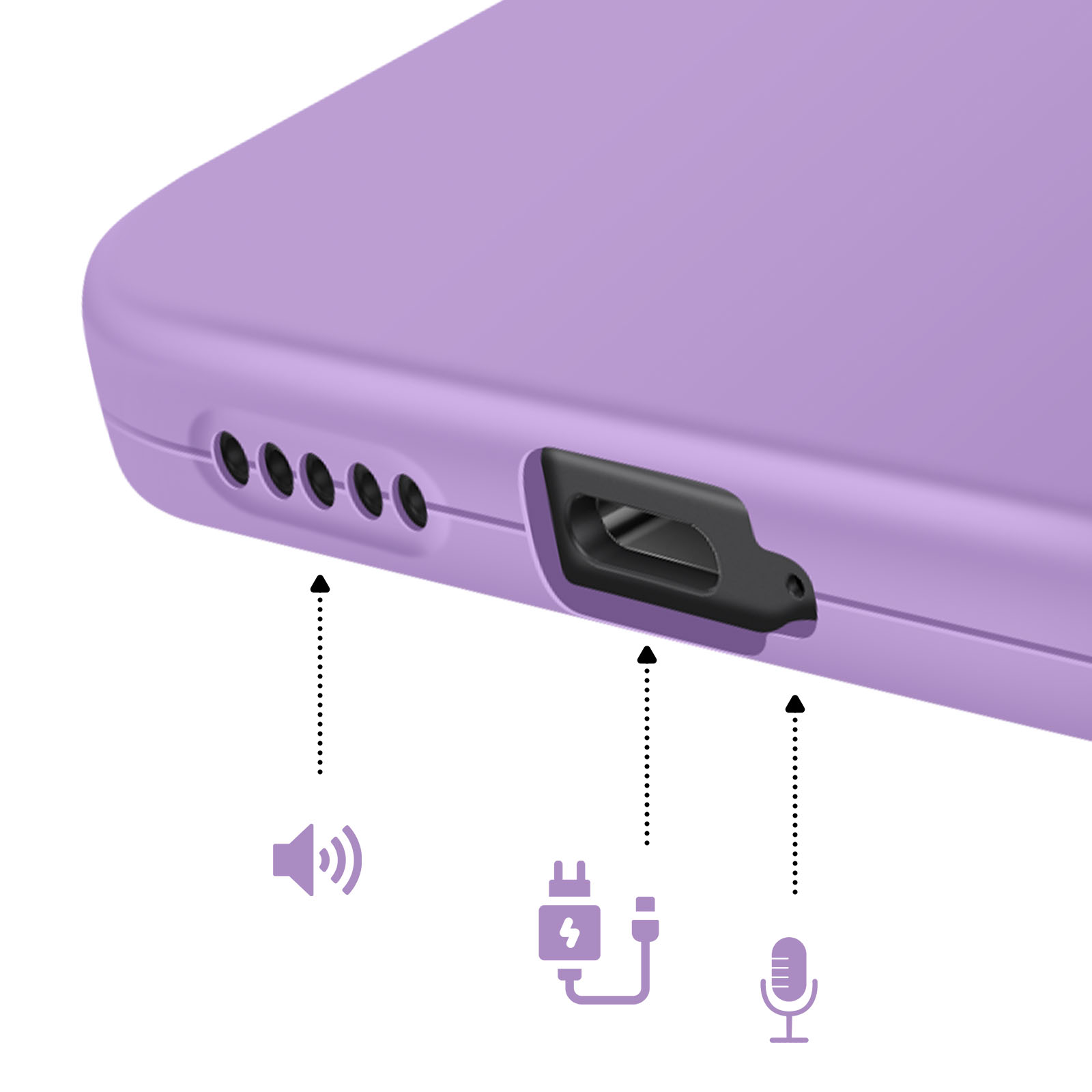 Coque violette avec icônes de haut-parleur, port de charge et micro.