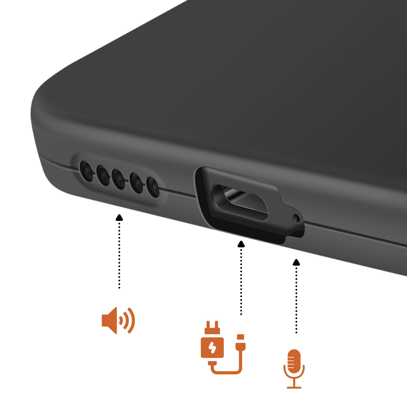 Zwarte telefoonhoes met luidspreker-, laad- en microfoonpoorten.