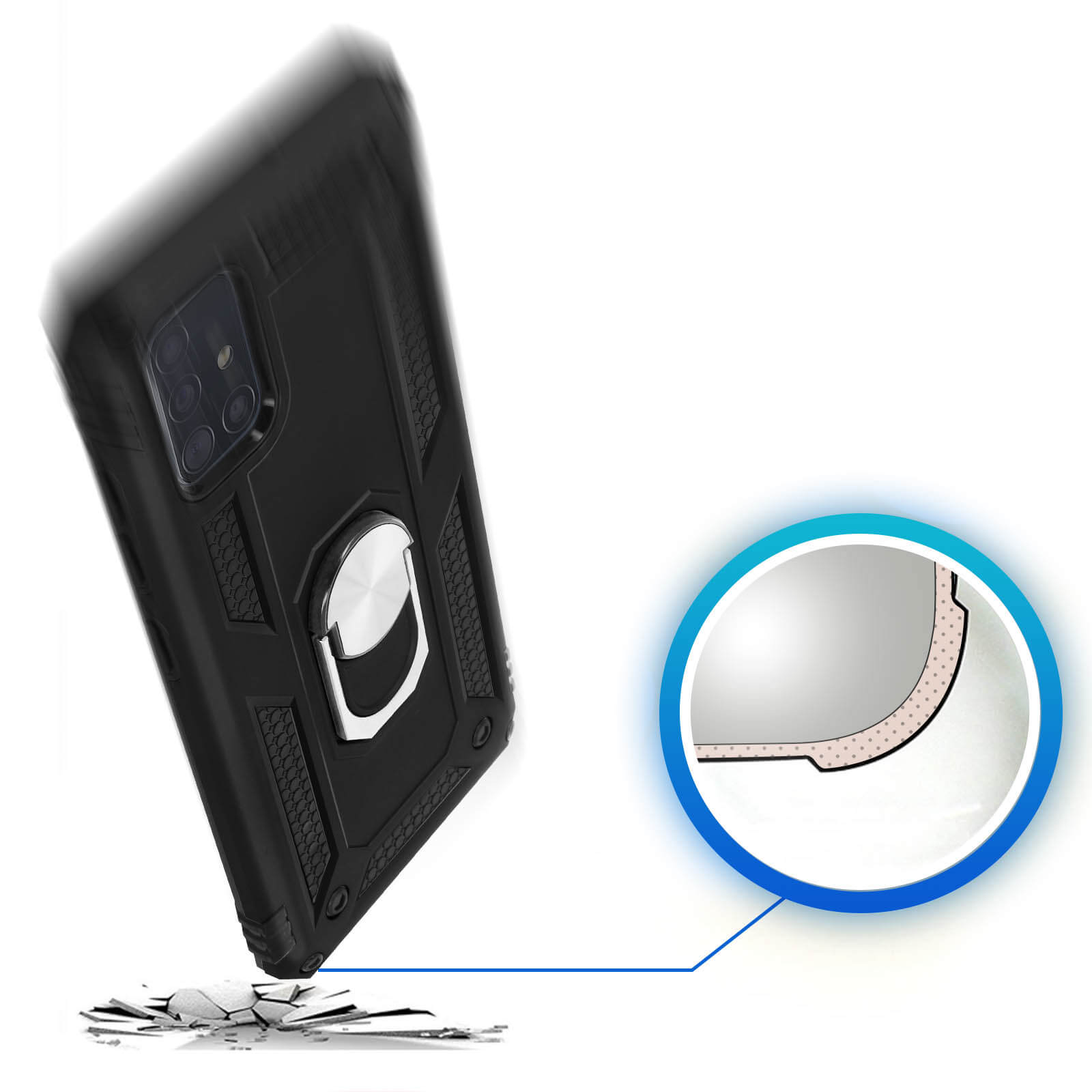 Coque de téléphone noire avec support anneau tombant sur sol brisé.