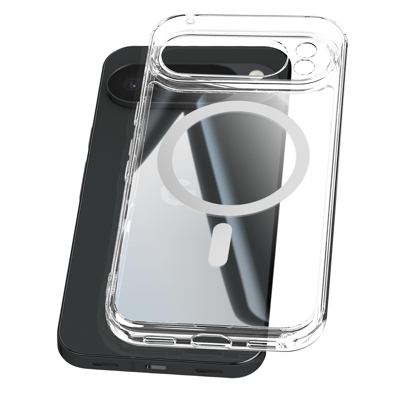 Ein durchsichtiger Handyhülle über einem dunklen Smartphone auf weißem Hintergrund.