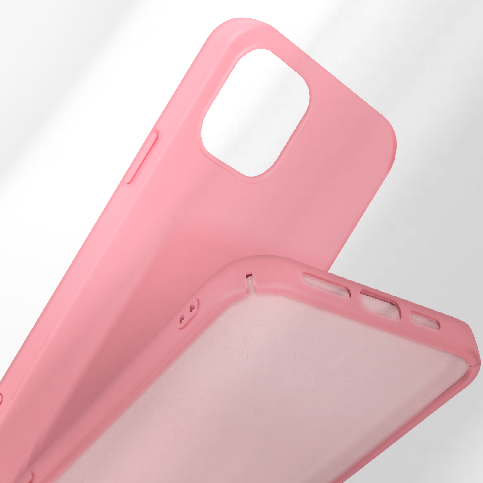 Deux coques de téléphone roses empilées, avec des découpes pour appareils photo et boutons.