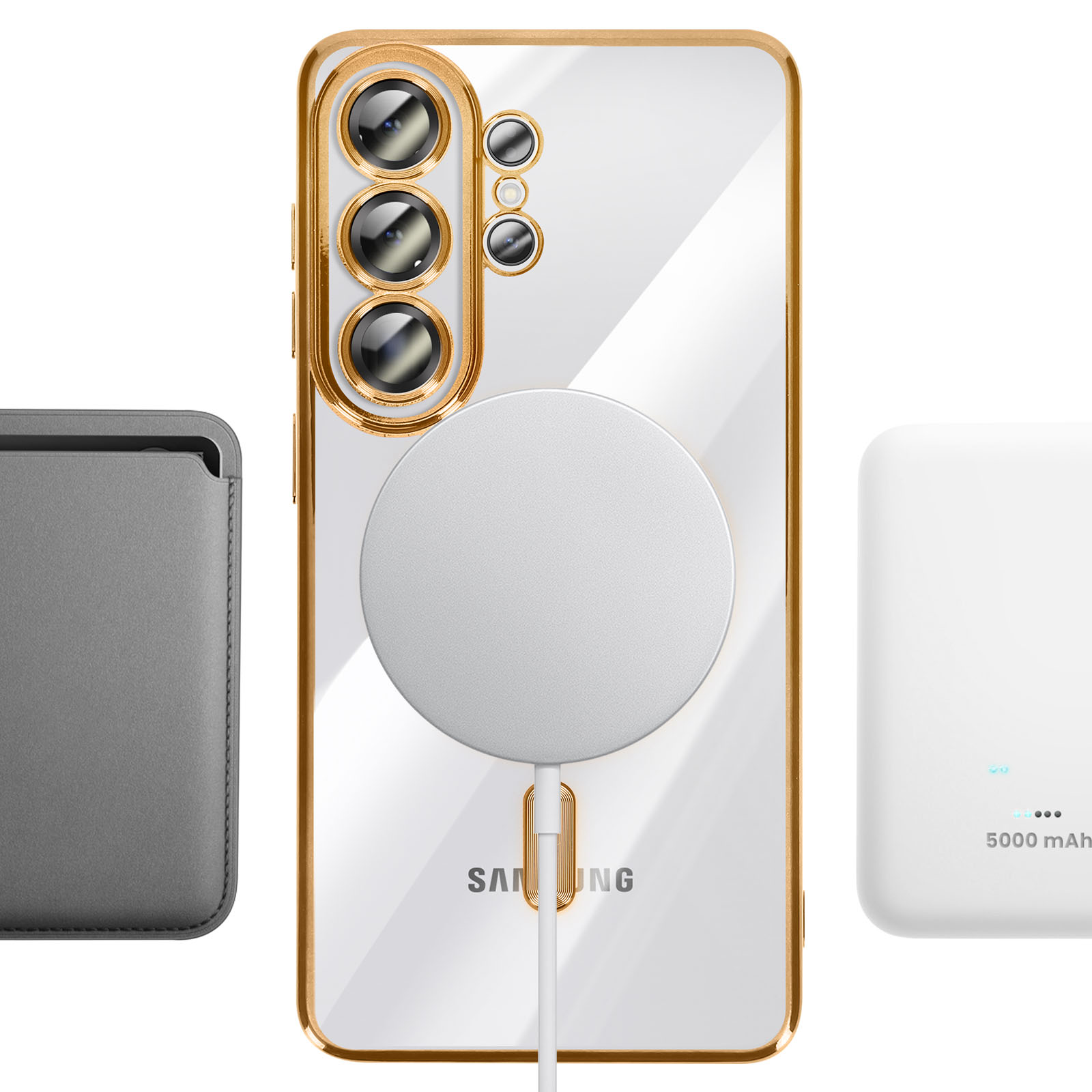 Un smartphone blanc avec cadre doré, caméras et chargeur MagSafe, à côté d'un étui gris et d'une batterie externe blanche.