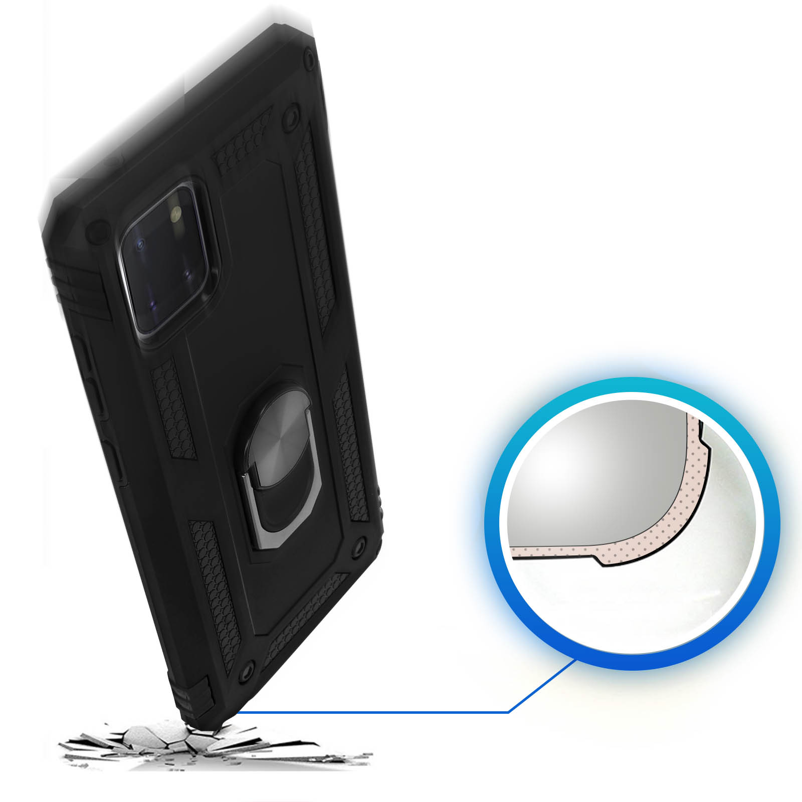 Custodia nera per telefono con anello cade su crepe.