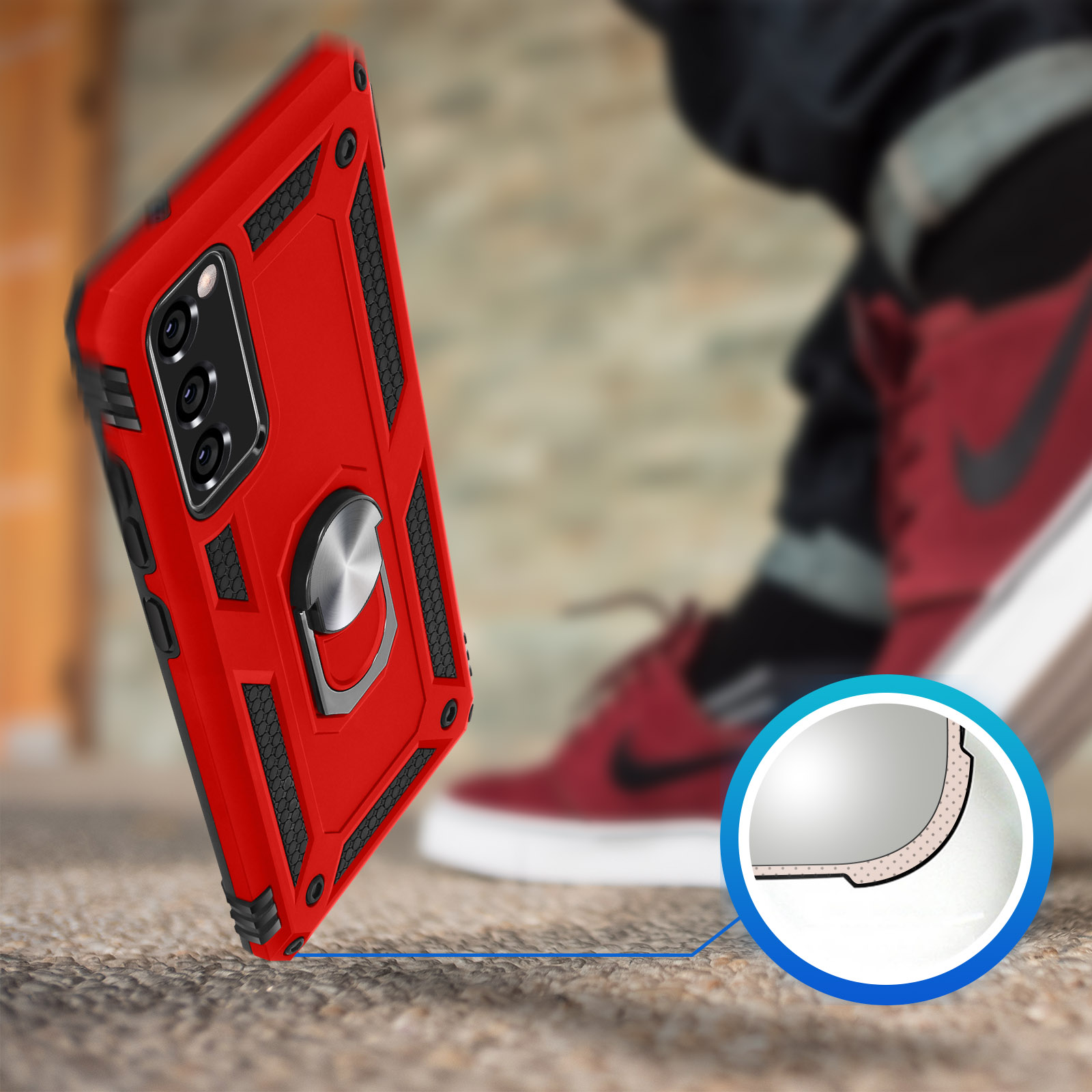 Rode telefoonhoes met ringhouder, voor wazige rode sneakers.