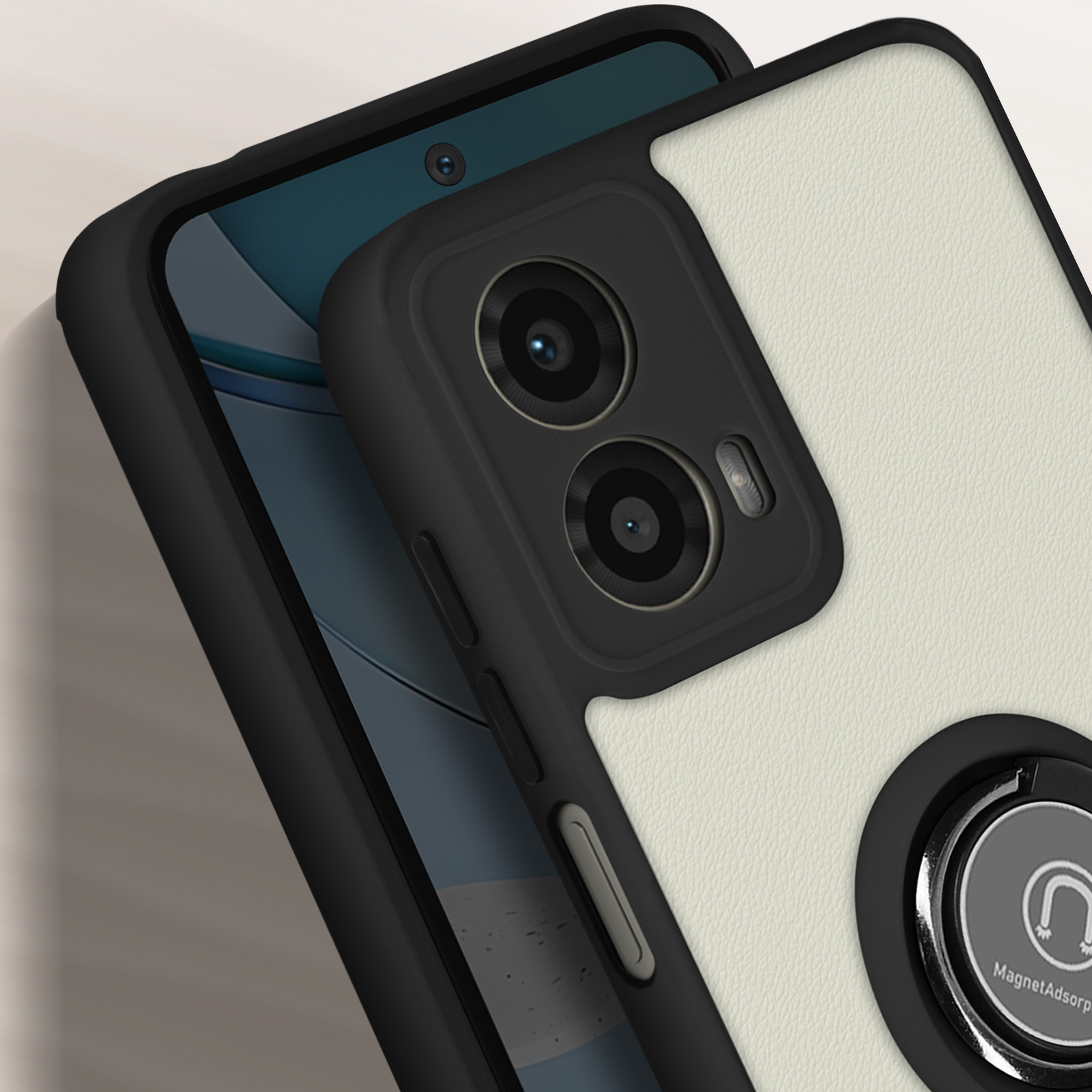 Primo piano di uno smartphone con custodia in pelle bianca, cornice nera e doppia lente.