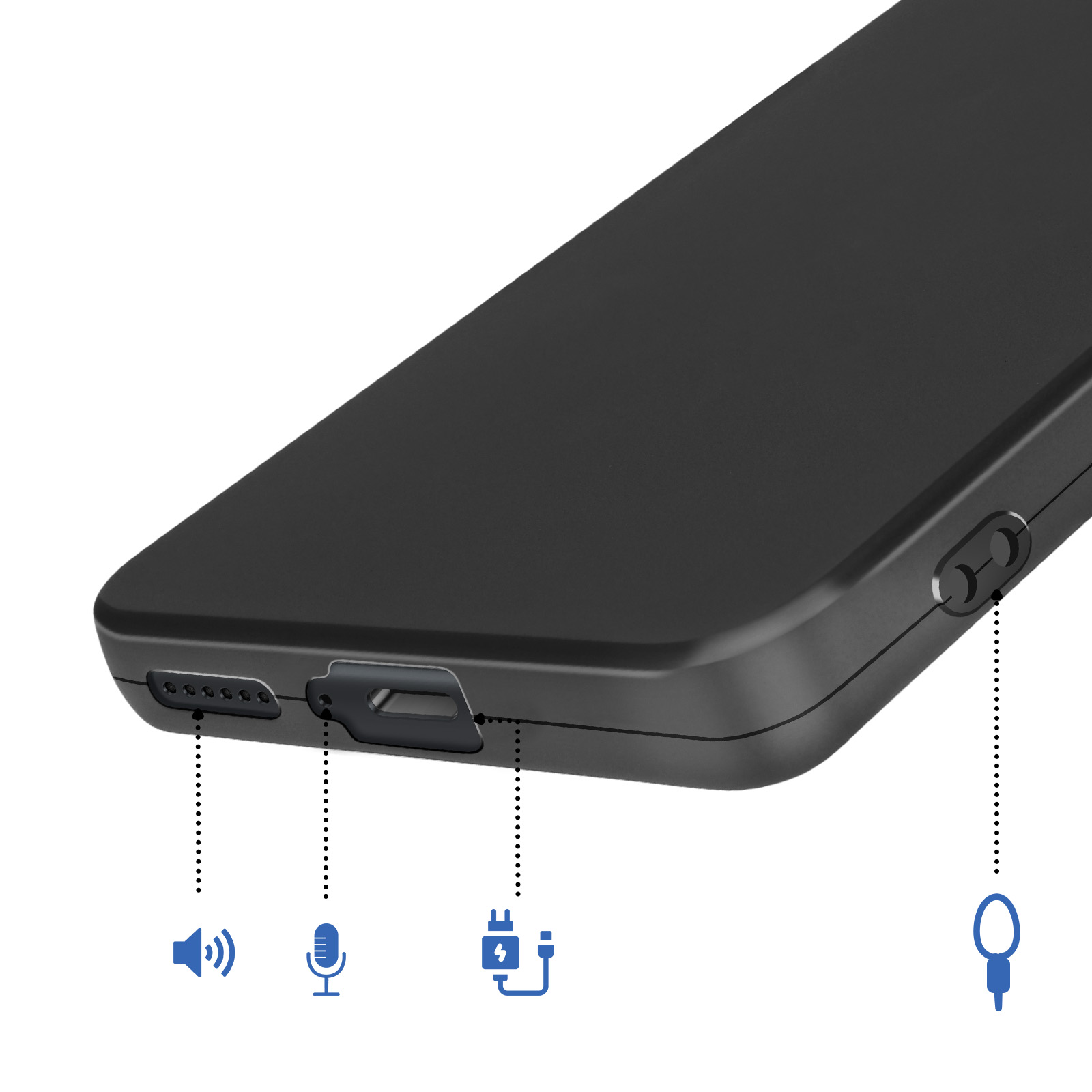Zwart apparaat met luidspreker-, microfoon-, oplaad- en hoofdtelefoonaansluitingen.