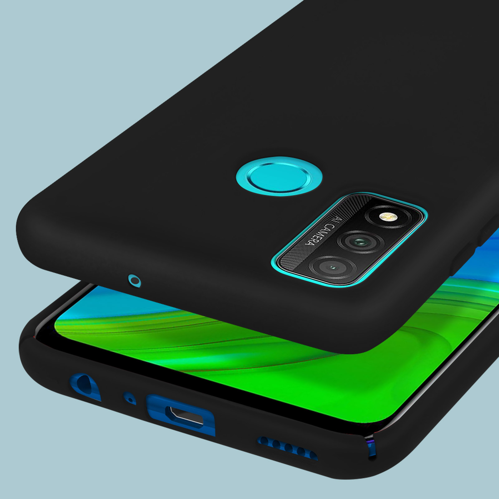 Custodia nera per telefono con accenti blu e ritaglio fotocamera su sfondo blu.