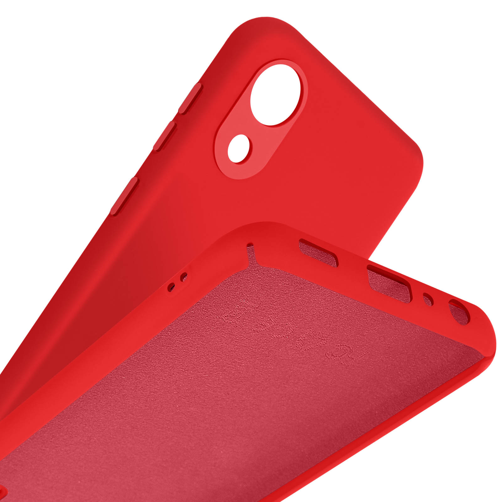 Coque de téléphone rouge avec découpes pour appareil photo et boutons.