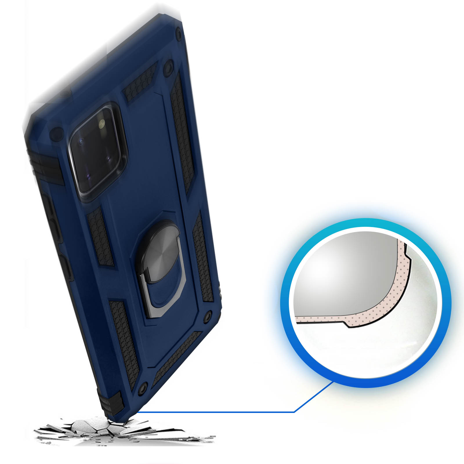 Custodia blu scuro con anello cade, mostrando strato protettivo.