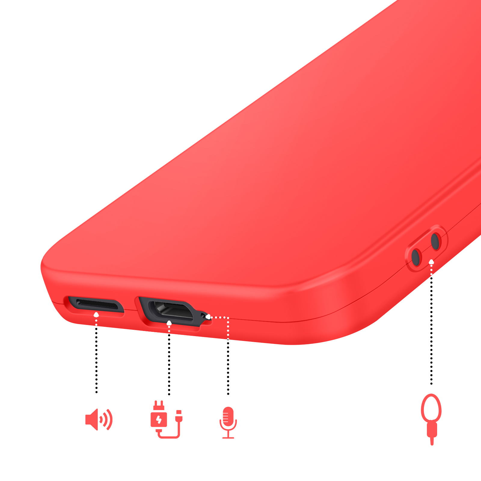 Coque de téléphone rouge montrant port de charge, haut-parleur, micro et prise casque.