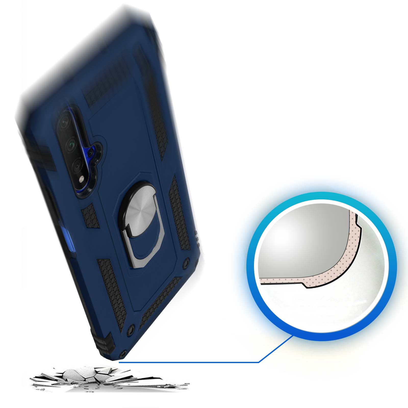 Coque de téléphone bleu foncé avec anneau tombe sur une surface fissurée.