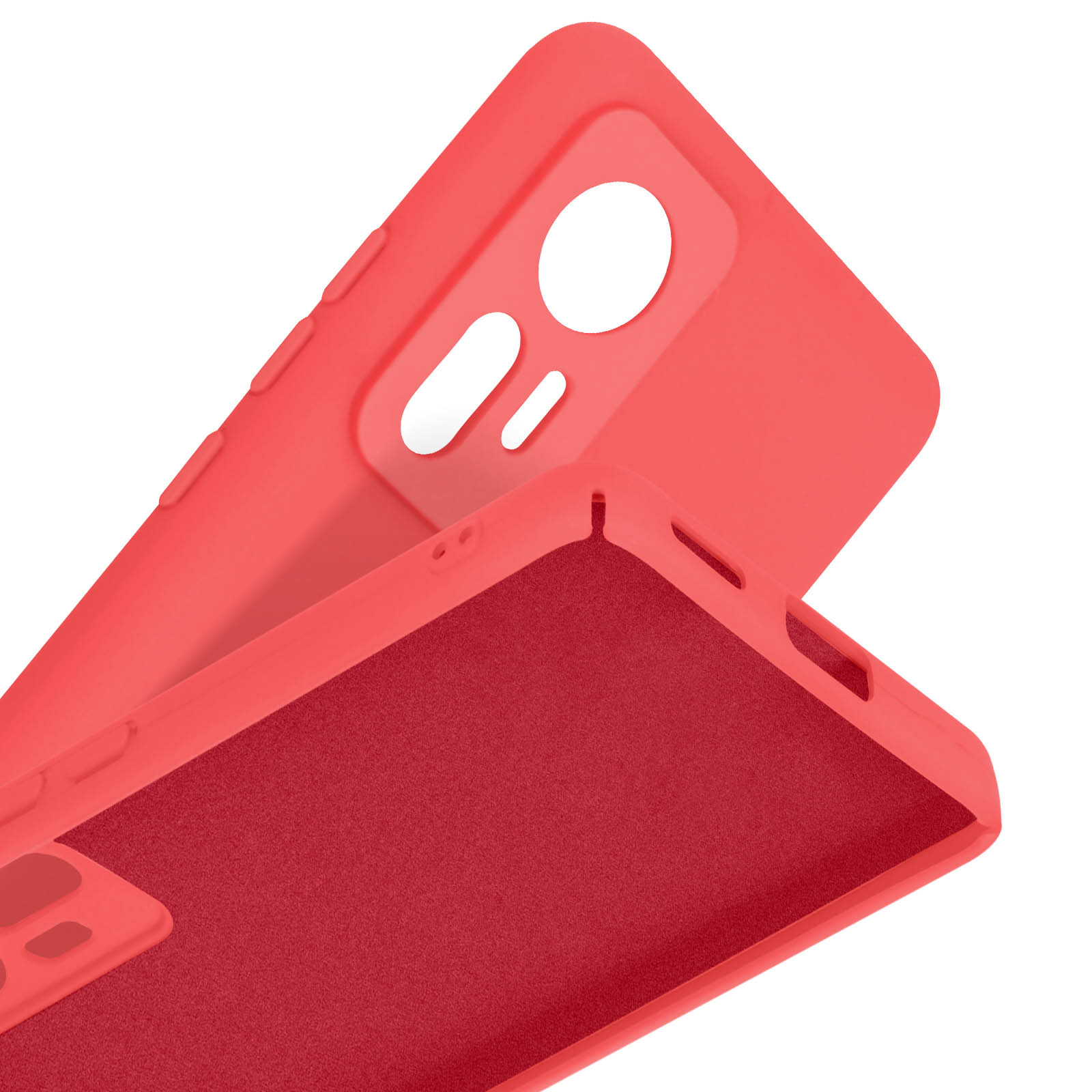 Custodia rossa per telefono con ritagli per fotocamera e pulsanti, foderata in rosso.