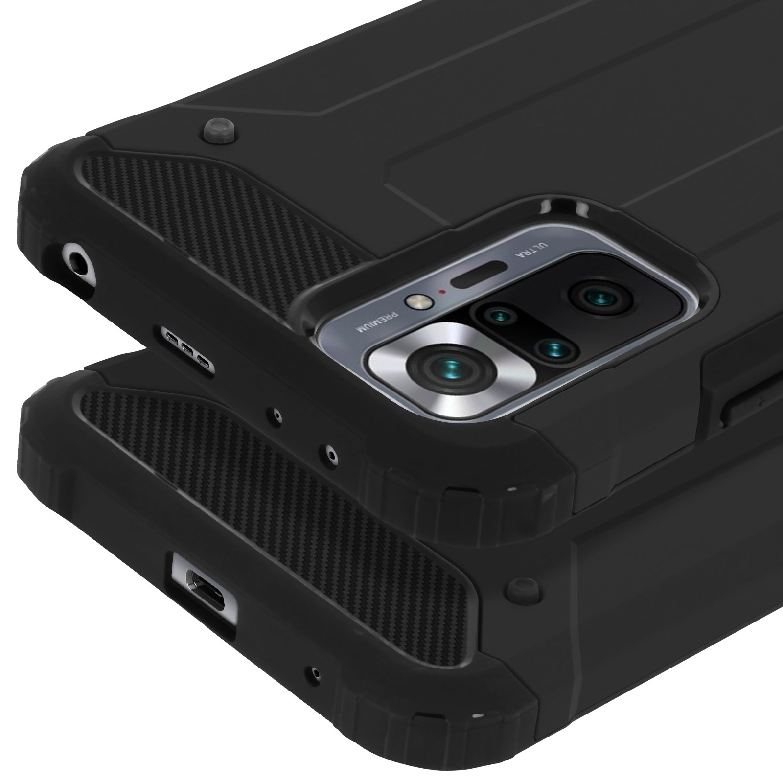 Custodia nera per telefono con quattro fotocamere posteriori e accenti testurizzati.