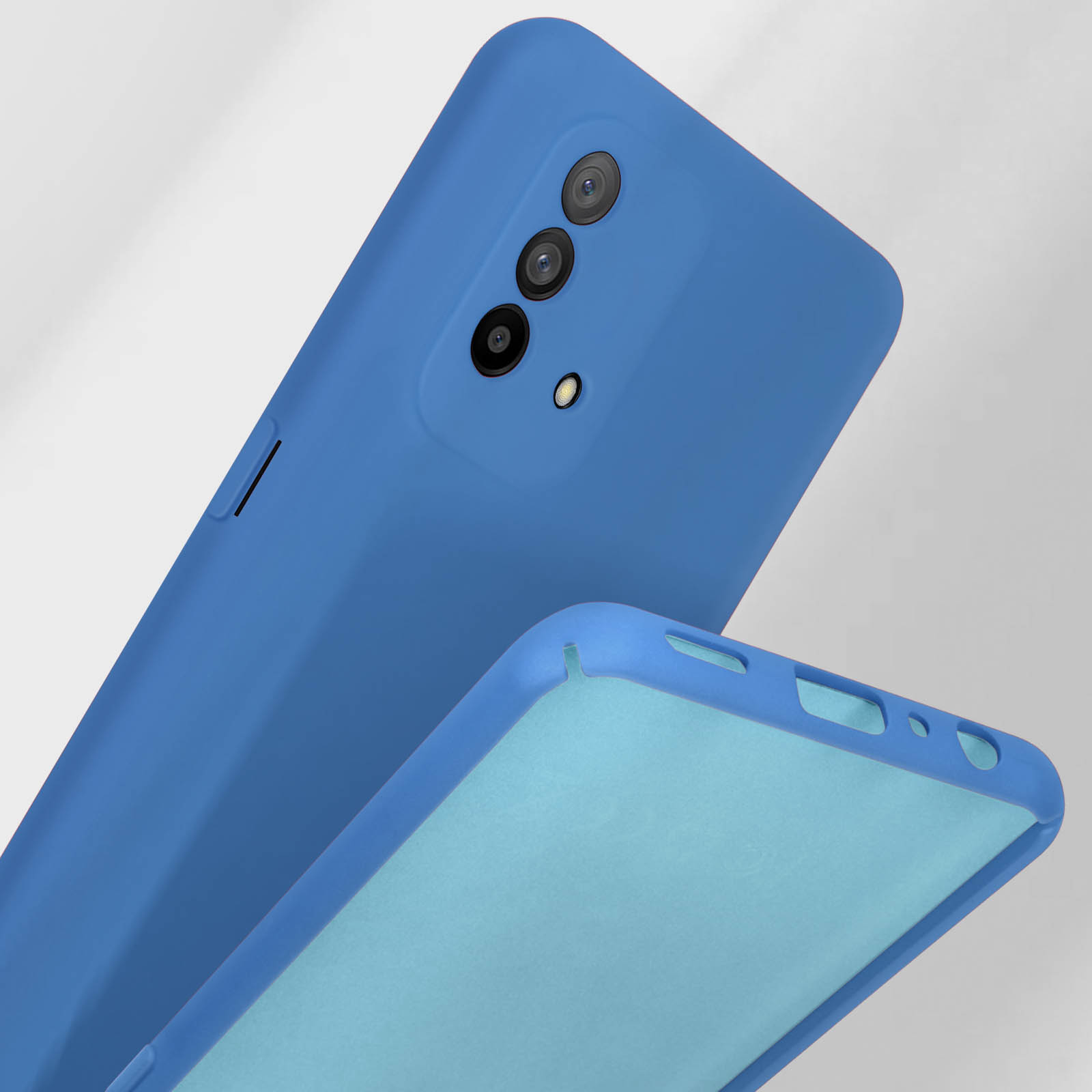 Twee blauwe telefoonhoesjes liggen op elkaar. De bovenste toont de camera; de onderste is opengeklapt.