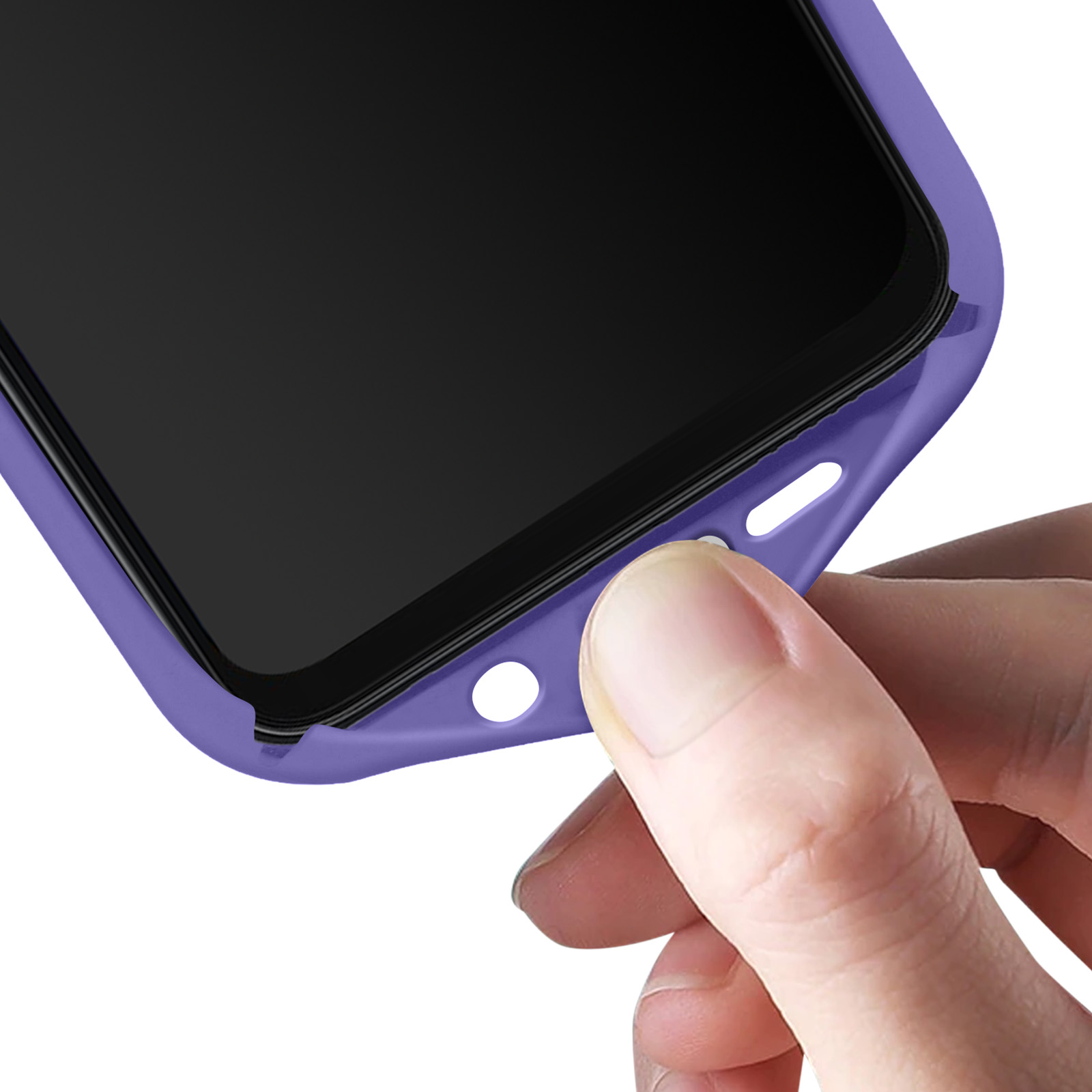 Une main appuie sur un bouton d'une coque de téléphone violette.