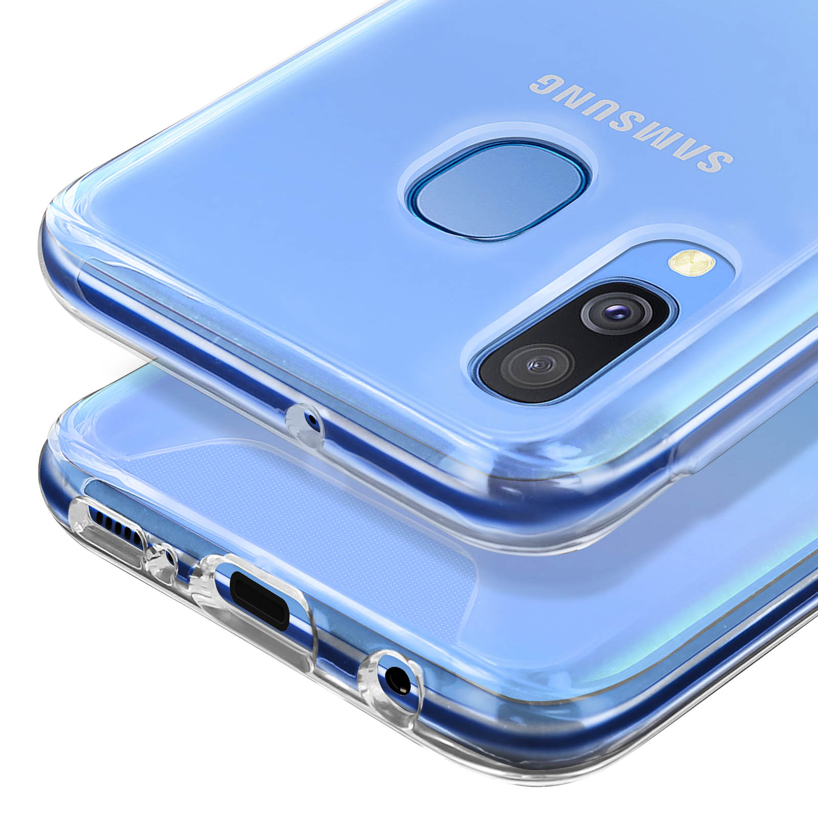 Una cover trasparente per telefono con logo Samsung, sensore impronte e fotocamera.