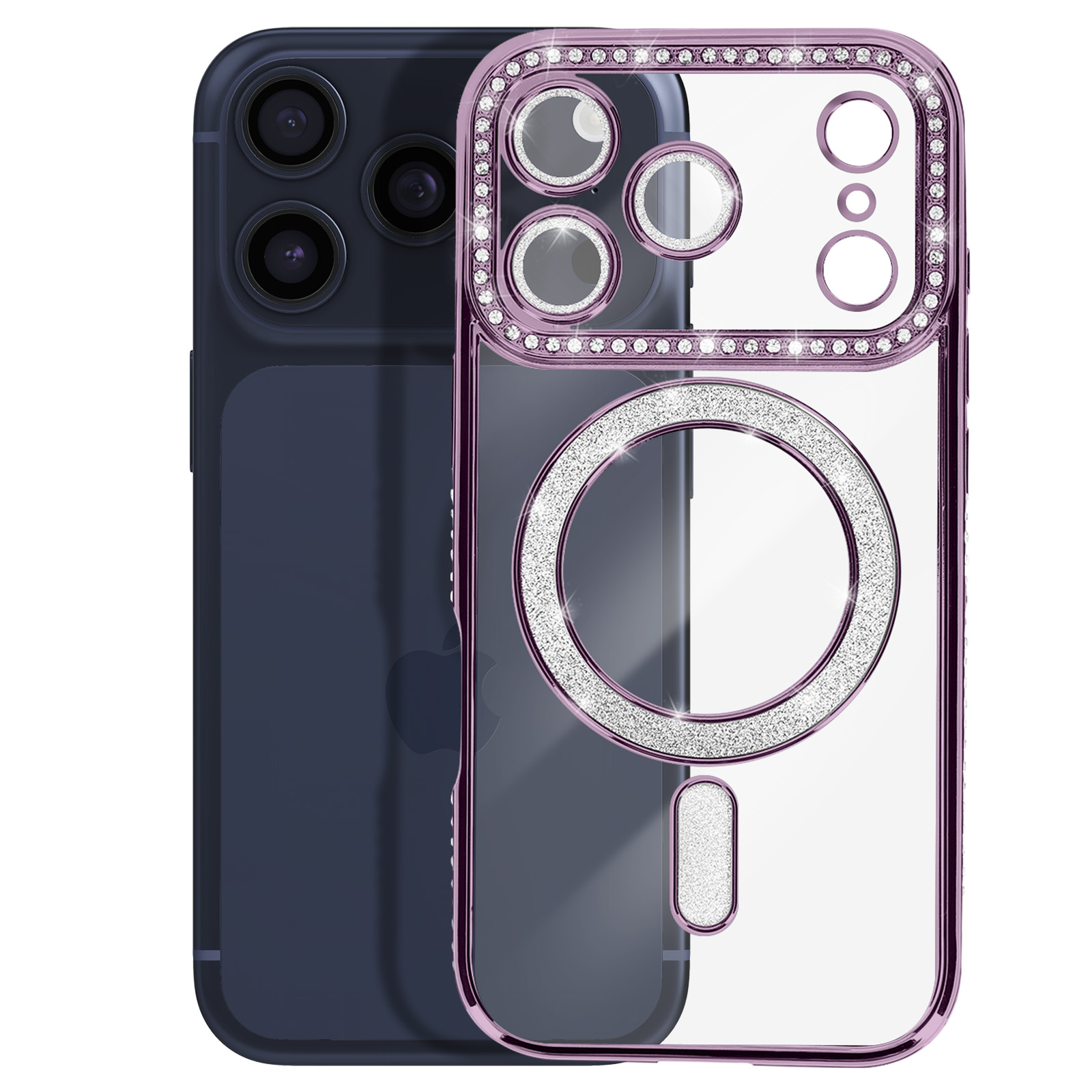 Un iPhone bleu foncé avec un étui transparent à paillettes et bordure violette.