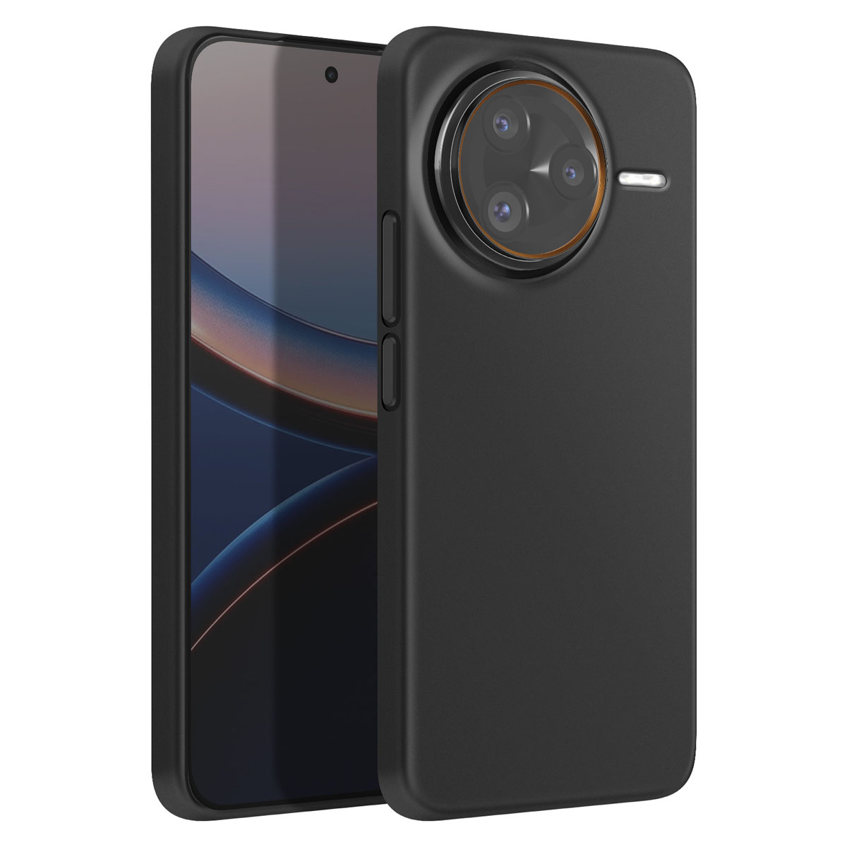 Smartphone nero con modulo fotocamera rotondo e tre lenti, su sfondo bianco.