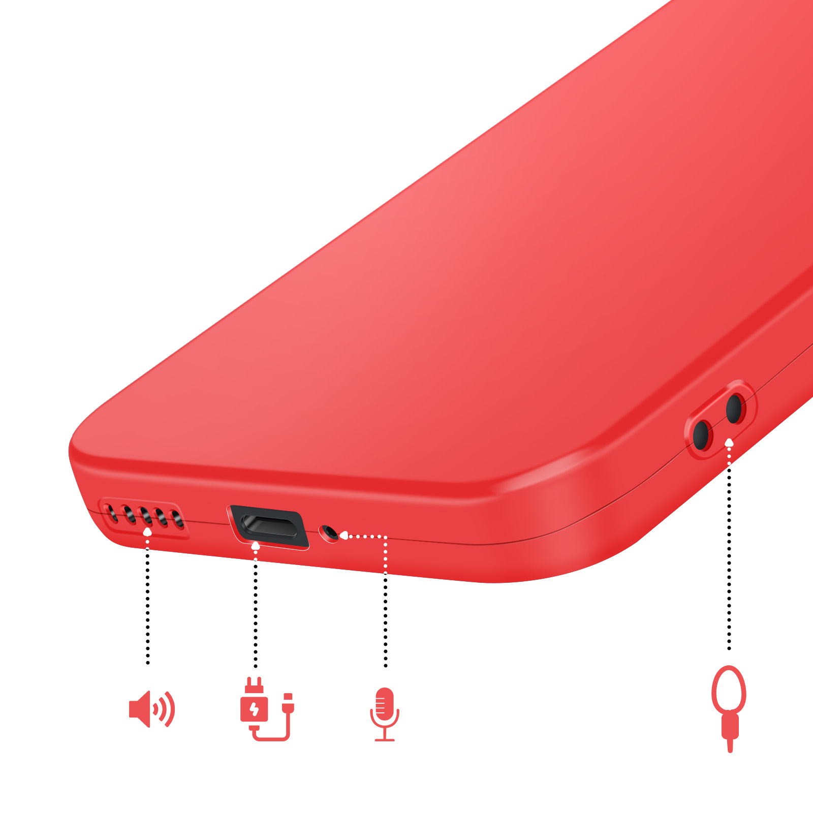 Appareil rouge montrant les ports haut-parleur, charge, micro et écouteurs.