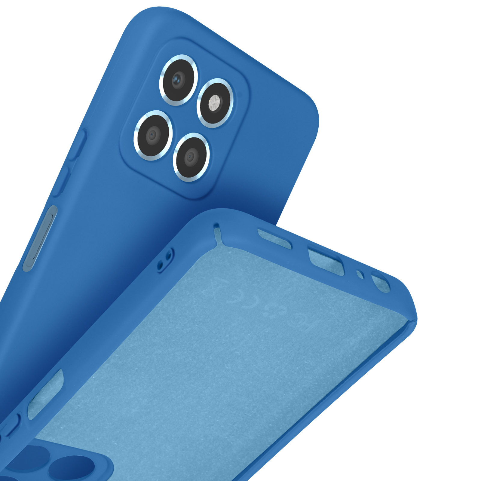 Blauw telefoonhoesje met vier cameralenzen en zilveren ringen.