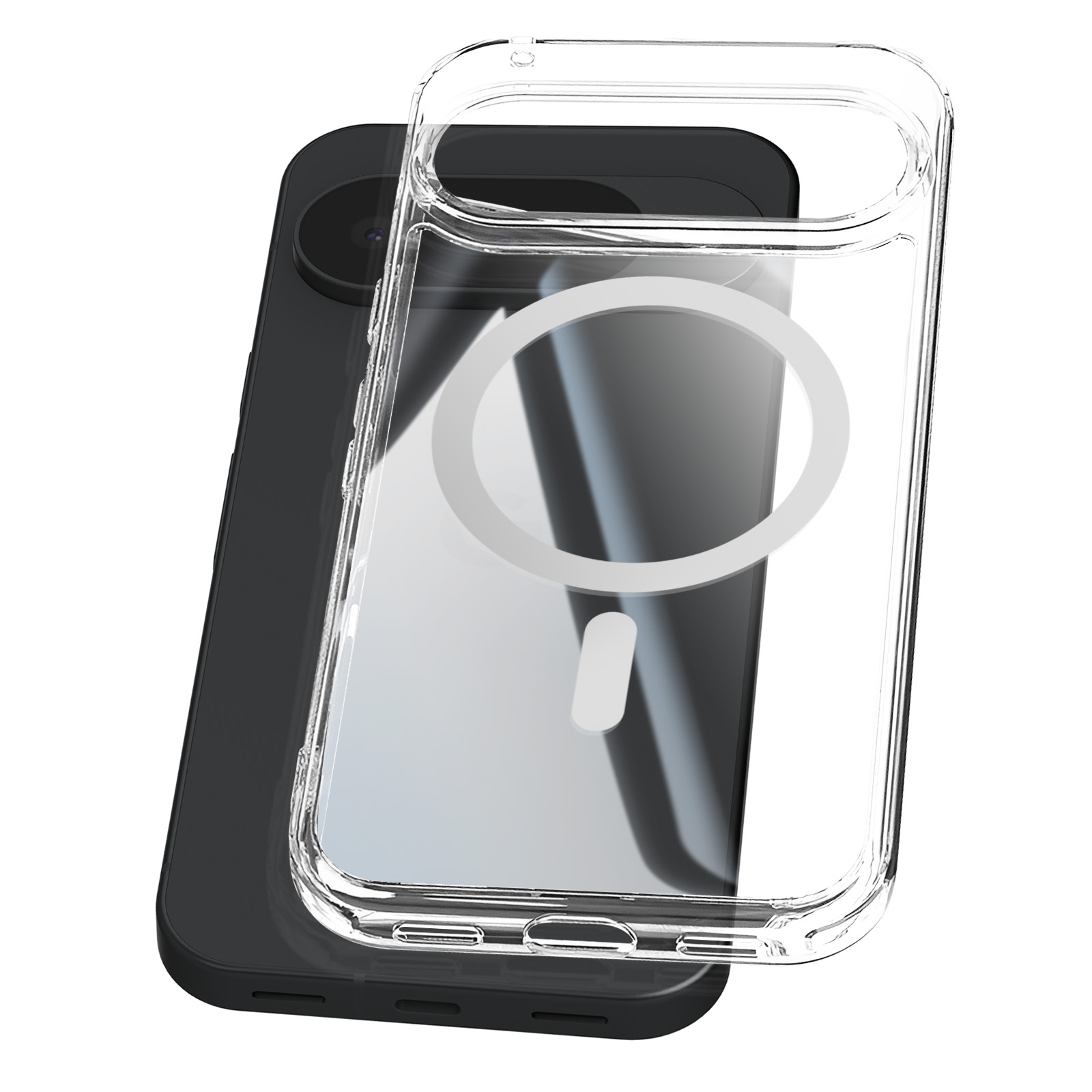 Doorzichtige telefoonhoes over een donkere telefoon met MagSafe-ring.
