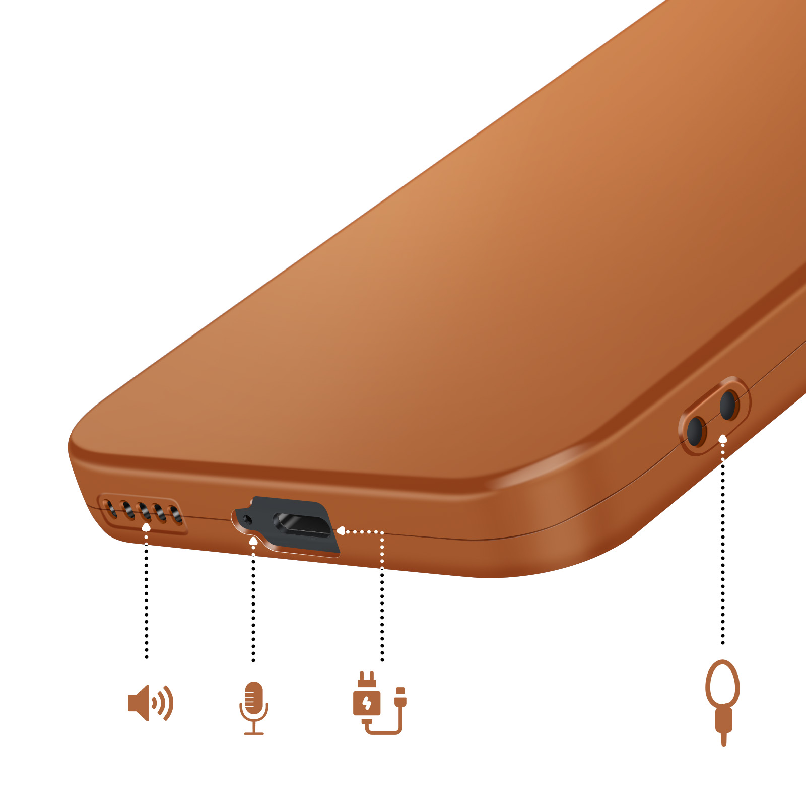 Coque de téléphone marron montrant les ports haut-parleur, micro, USB-C et jack.