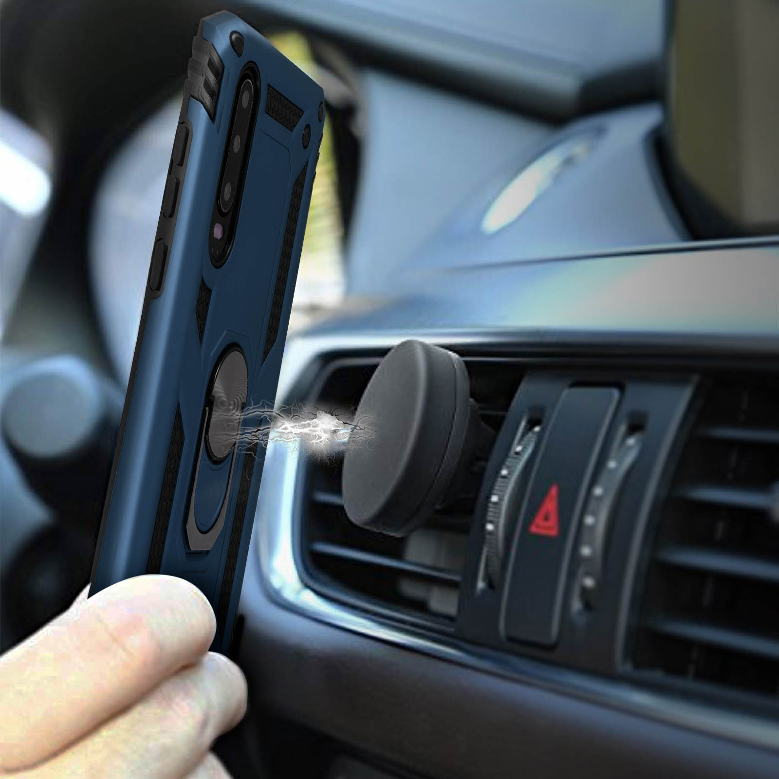 Een blauwe telefoonhoes met ringhouder bevestigt magnetisch aan een auto-ventilatiehouder.
